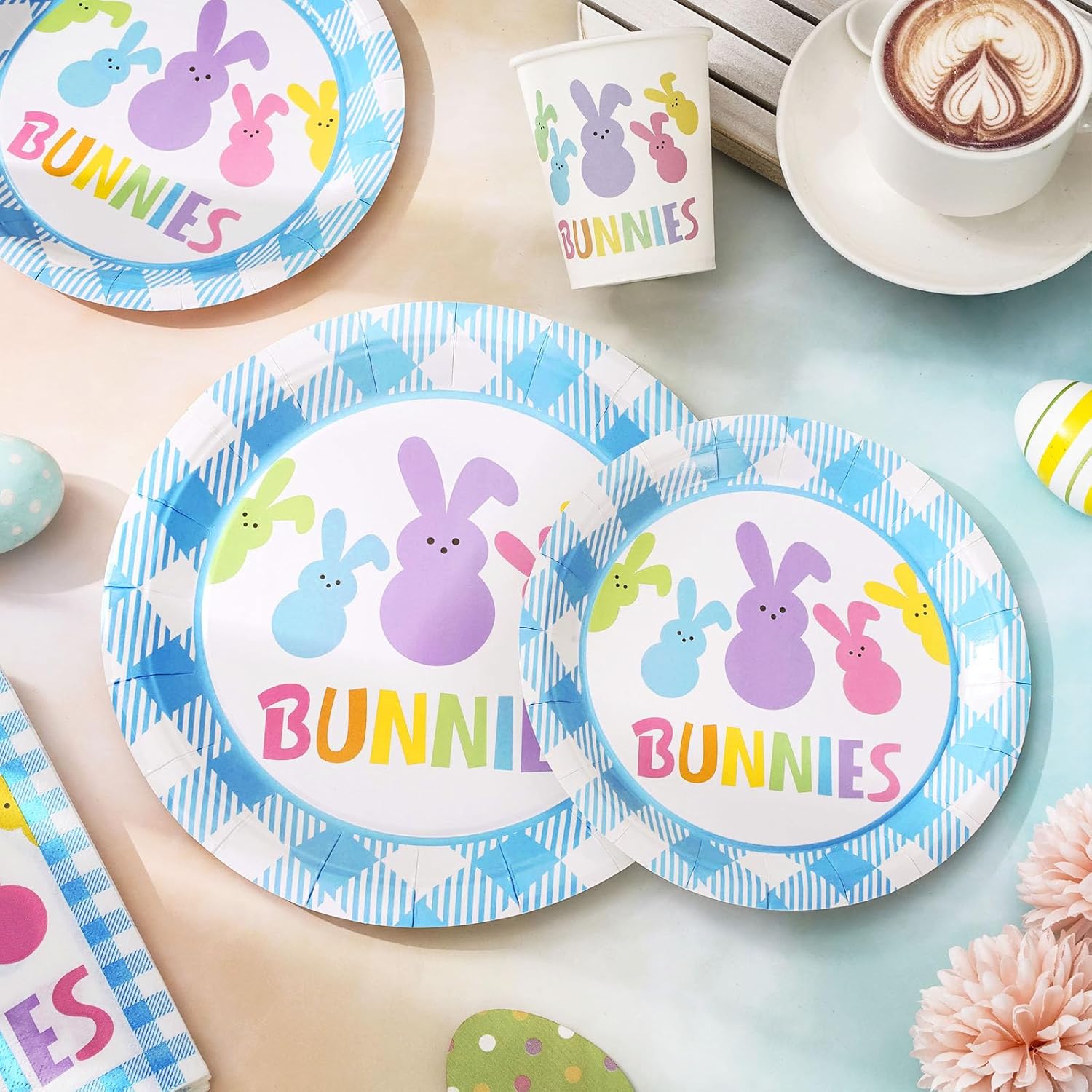 Whaline 100Pcs Easter Tableware Set Colorful Easter Bunny Disposable Dinnerware Set 50Pcs Paper Plates 25Pcs Napkin 25Pcs Cups for Holiday Party Supplies Table Decorations - Image 3