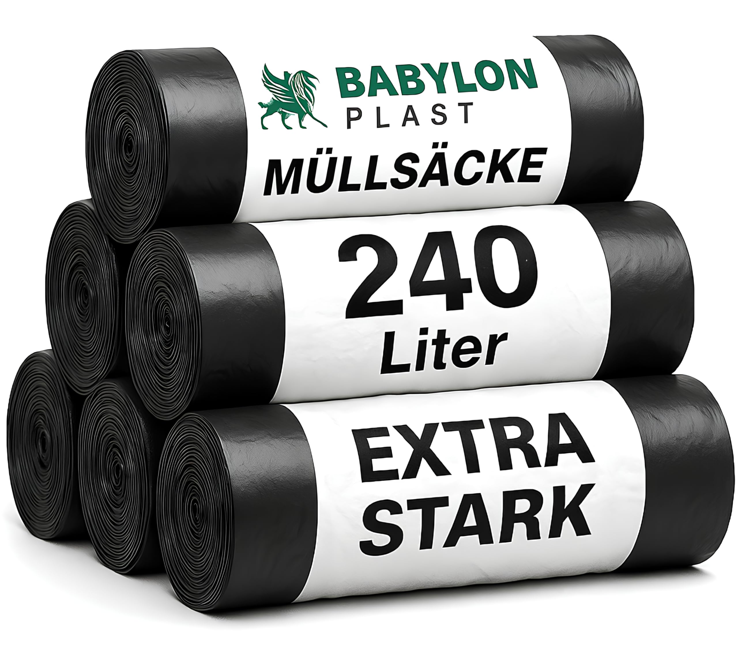 Babylonplast Worki na śmieci 240 l, bardzo mocne, czarne (10 sztuk), stabilne worki na śmieci, odporne na rozerwanie, 70 x 110 cm, obciążenie 100 kg, worki na odpady i worki na odpady budowlane 70 µ
