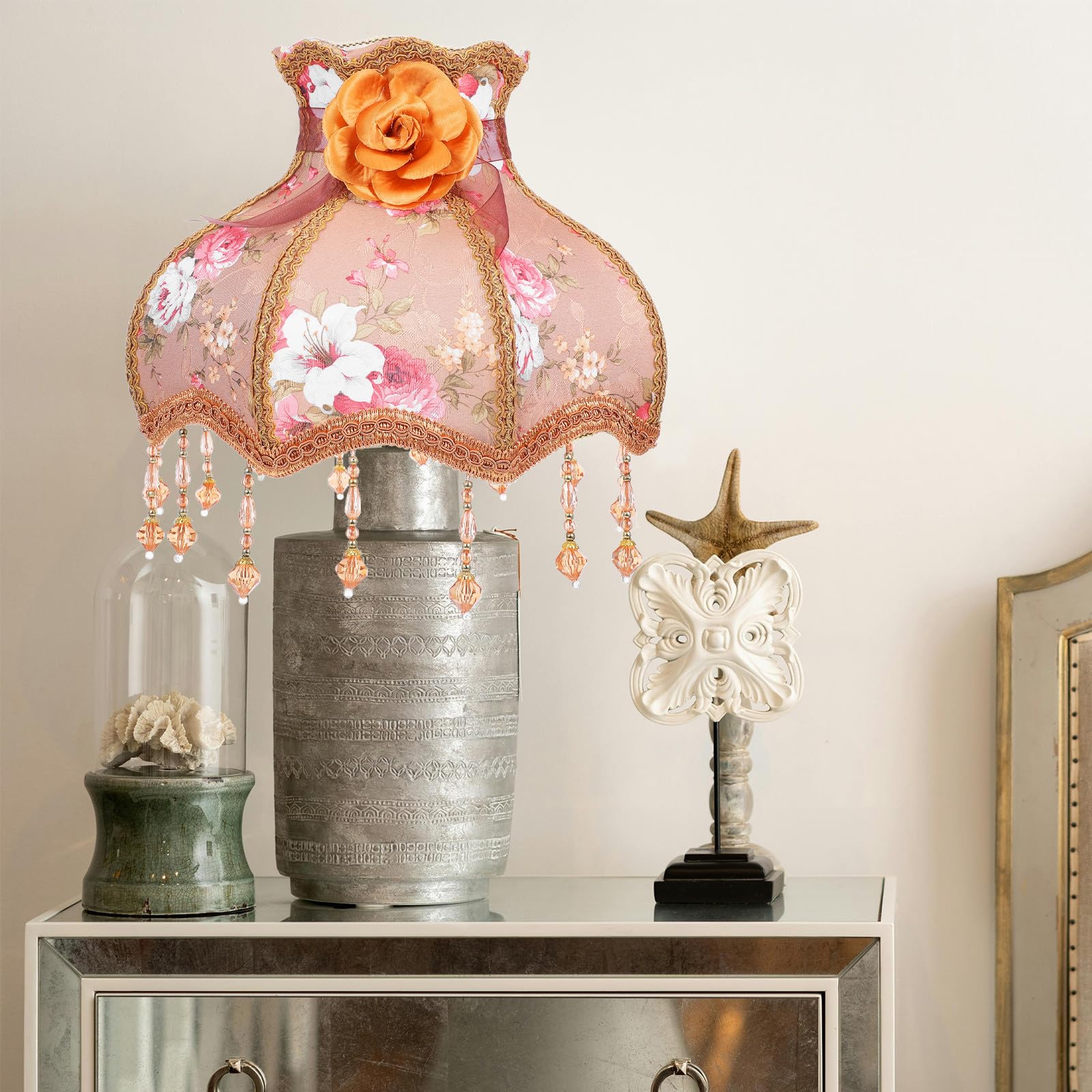 Vintage Lampenschirm aus Gewebe mit zartem Spitzenmuster braunem Fransen Lampenschirm für Tischlampe