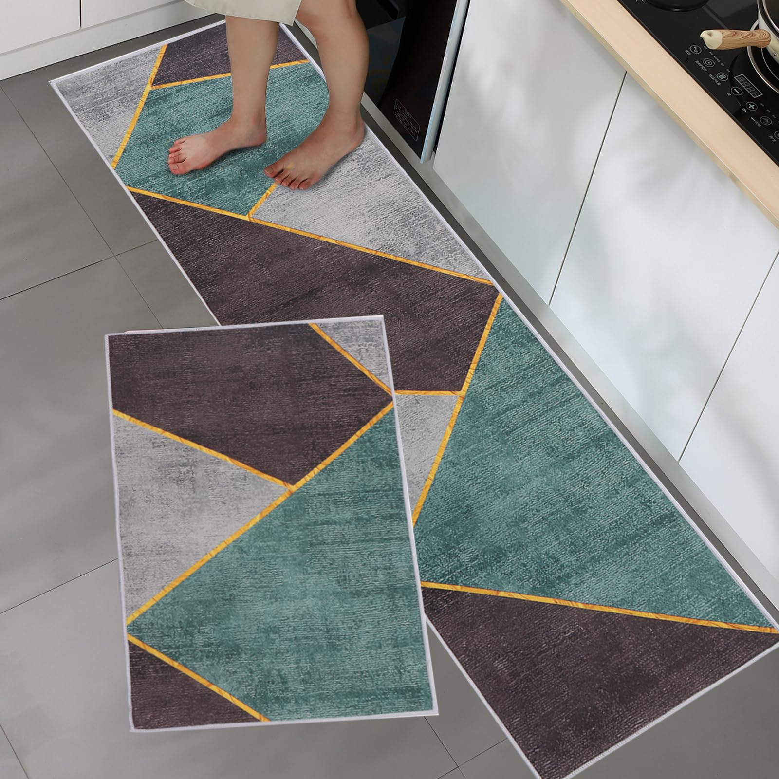 BWBIKE Juegos de alfombras de Cocina Alfombras de pie Lavables 2 Piezas Juegos de alfombras de Piso Antideslizantes de Microfibra, 43 x 75 cm + 43 x 150 cm, Triángulos-Rejilla