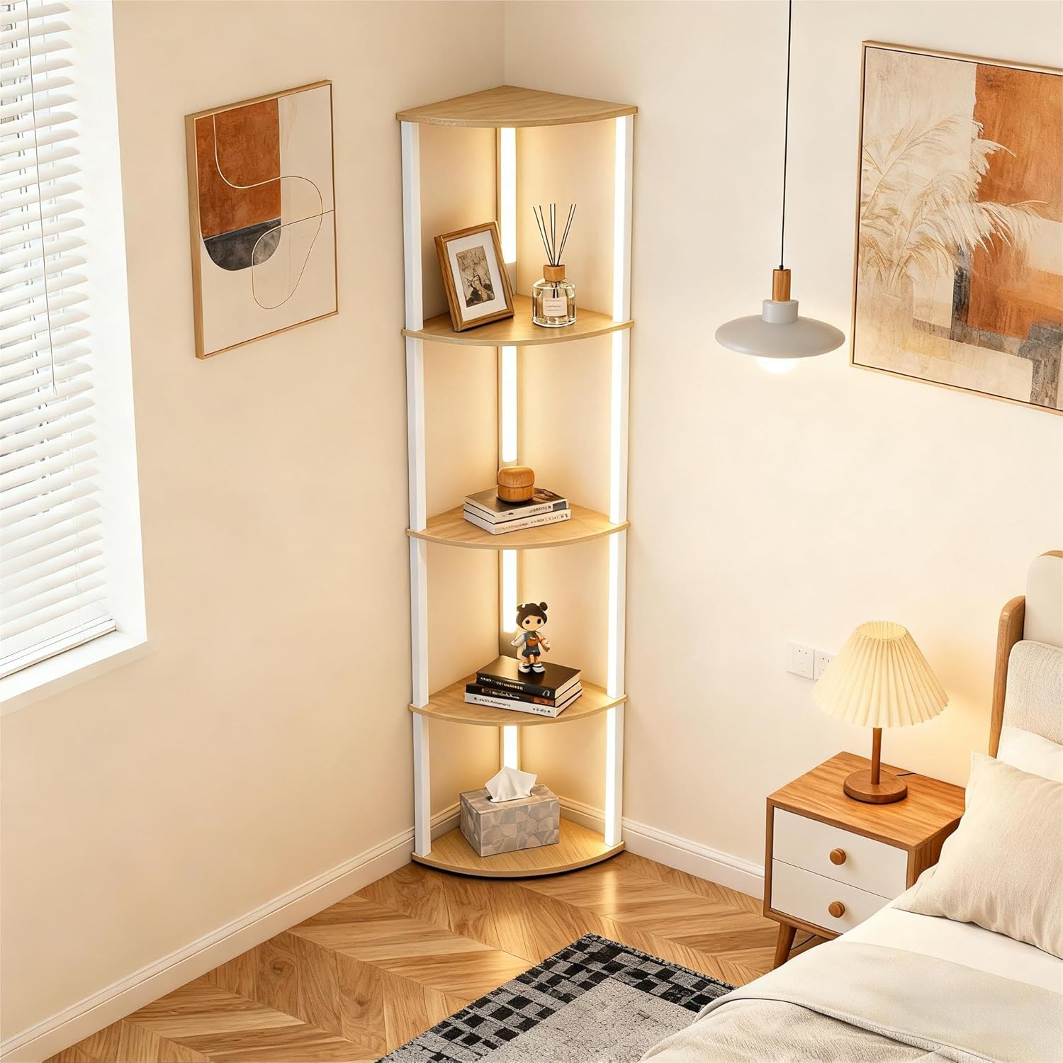 Lightdot Corner Floor Lamps with Shelves, 64Inch 5-Tier Storage Shelf Lamp with Integrated LED Posts/Walnut Shelf/White Frame, White Display Floor Lamp for Living Room/Bedroom/Sofa Beside/Corner Decor