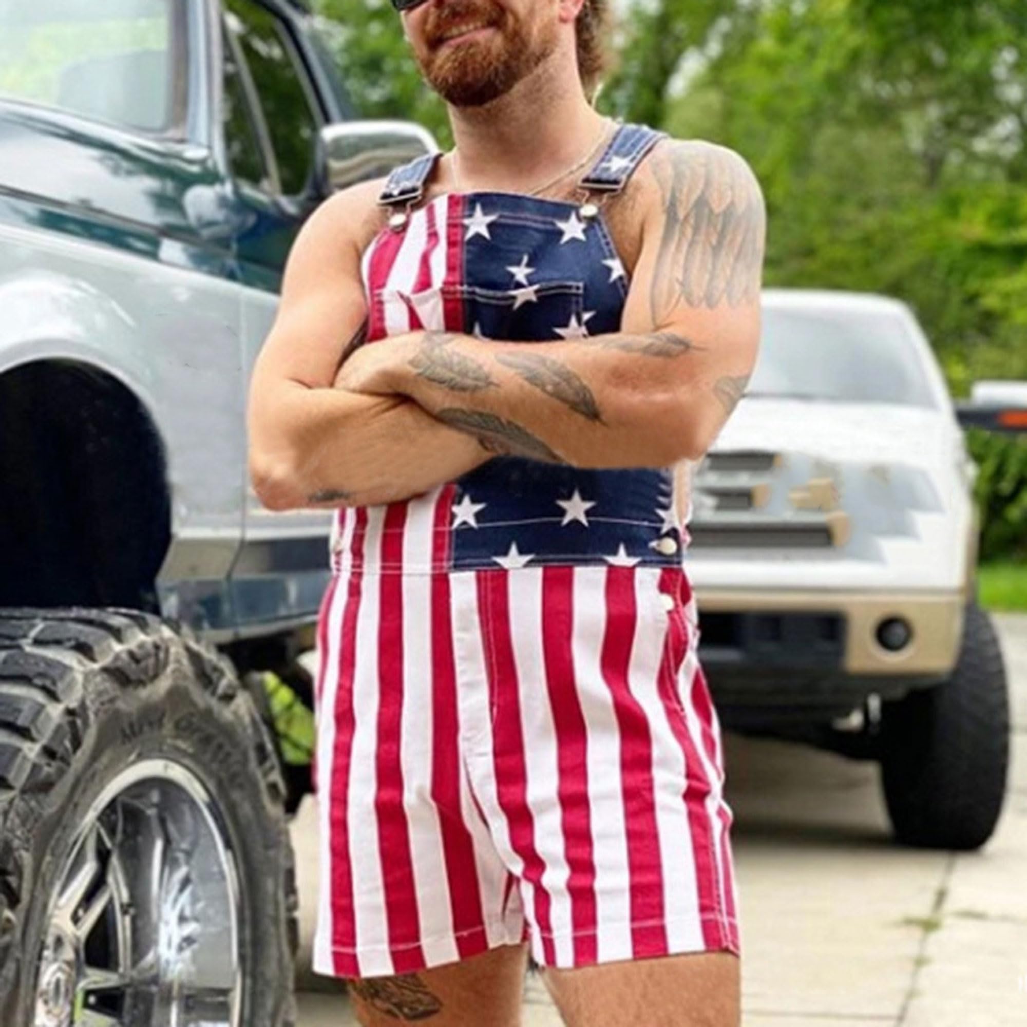 Jueshanzj Herren Sommer American Flag Latzhose Strampler Shorts Strampler Verstellbare Träger Jumpsuits