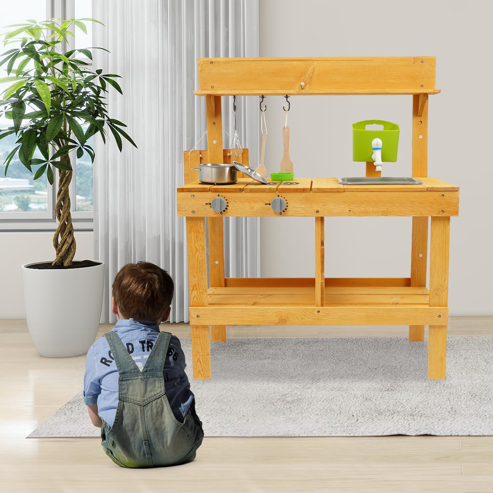 Matschküche Kinder Outdoor Holz Spielküche mit Echtem Waschbecken Küchenzubehör, Gartenspielzeug mit Wasserspender und Töpfen, Mud Kitchen für Gießen Sensorisches Spielen, Montessori Lernspielzeug