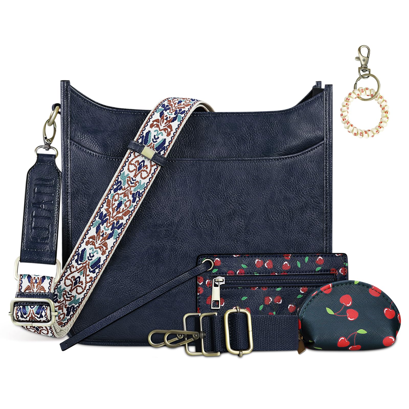 KITATU Vegan Leather Crossbody Bags for Women Hobo Shoulder Handbag with 2 Adjustable Guitar Straps 3Pcs Purse and Wallet Set