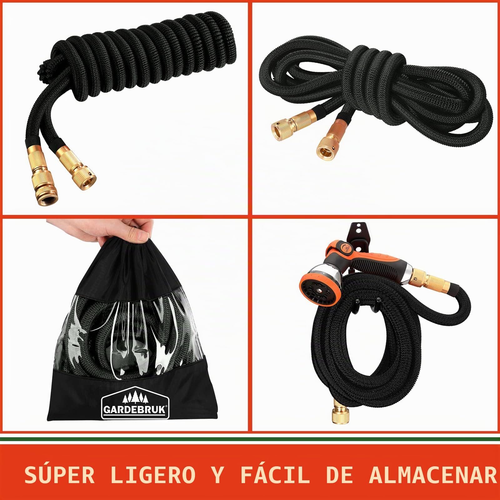 GARDEBRUK® Manguera de Jardín Extensible Flexible 22m 8 Funciones de Riego Adaptador 1/2' 3/4' Núcleo Látex Negro