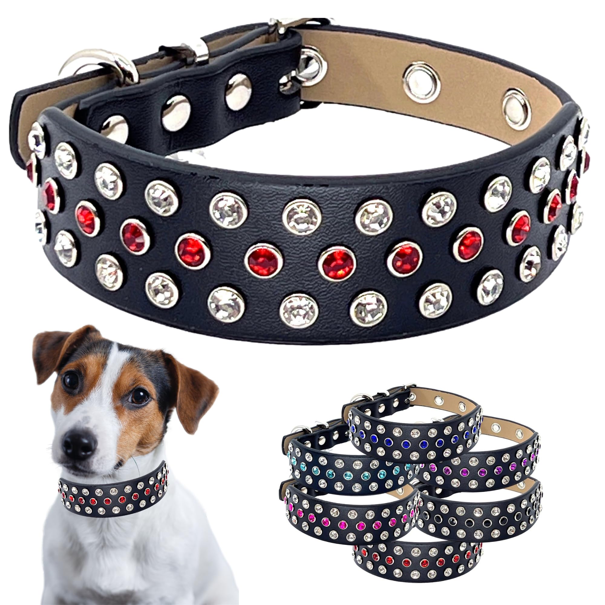 Designer Diamond Rhinestone Dog Collar - Fancy Bling Luxury Microfiber Leather Sparkly Cute Studded Adjustable Length for All Breeds Size S M L (Small