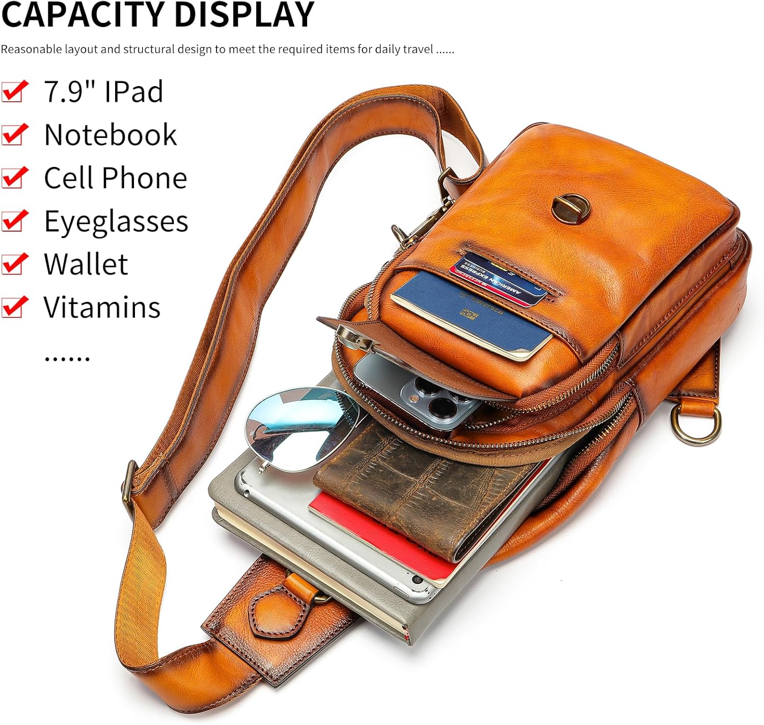 NIUCUNZH Genuine Leather Sling Bag Front Metal-Latch Crossbody Bags Handmade Vintage Chest Shoulder Backpack for Women Men