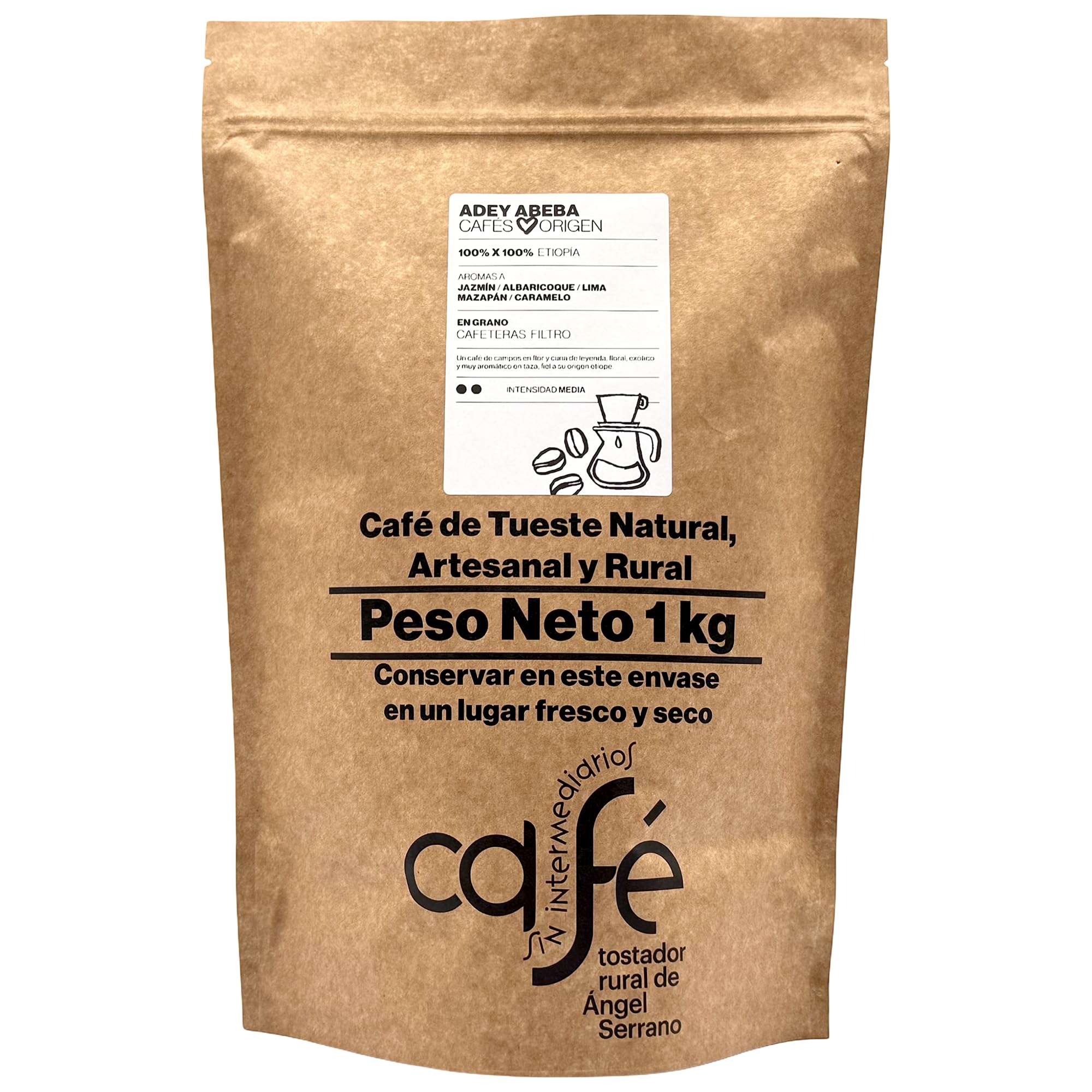 CAFÉ SIN INTERMEDIARIOS - 100% Etiopía - Adey Abeba - Ideal para tomar solo - Intensidad de sabor Media - Recién tostado y envasado - 1 kg MOLIDO para cafeteras Filtro