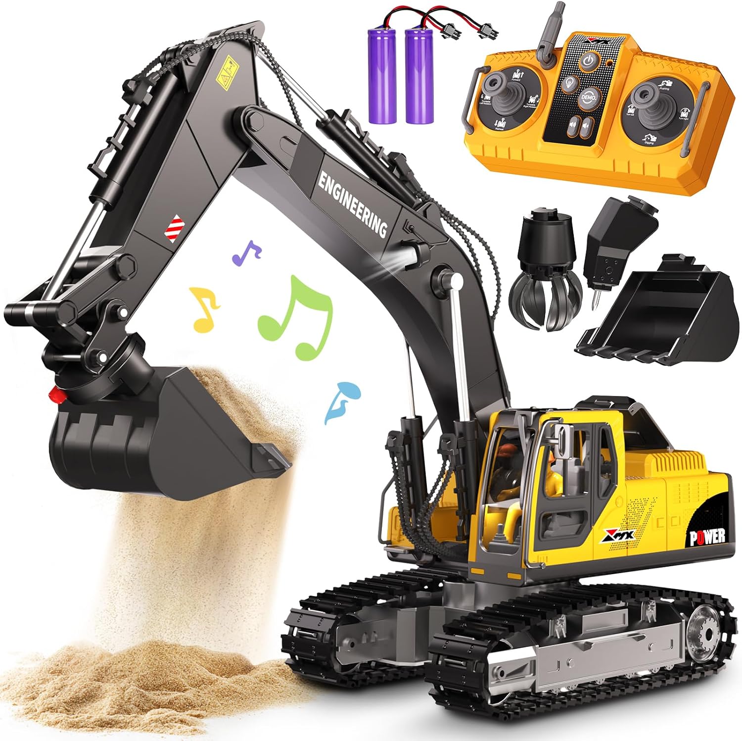 GraceDuck Remote Control Excavator Toys for Boys, 3 in 1 RC Excavator Toy with Alloy Bucket, Rock Breaker, and Grapples - Rotatable 680°, Lights and Sounds RC Construction Toys for Boys Age 3+