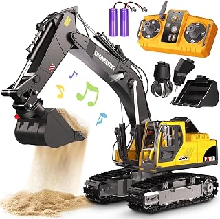Remote Control Excavator Toys for Boys, 3 in 1 RC Excavator Toy with Alloy Bucket, Rock Breaker, and Grapples - Rotatable 680°, Lights and Sounds RC Construction Toys for Boys Age 3+