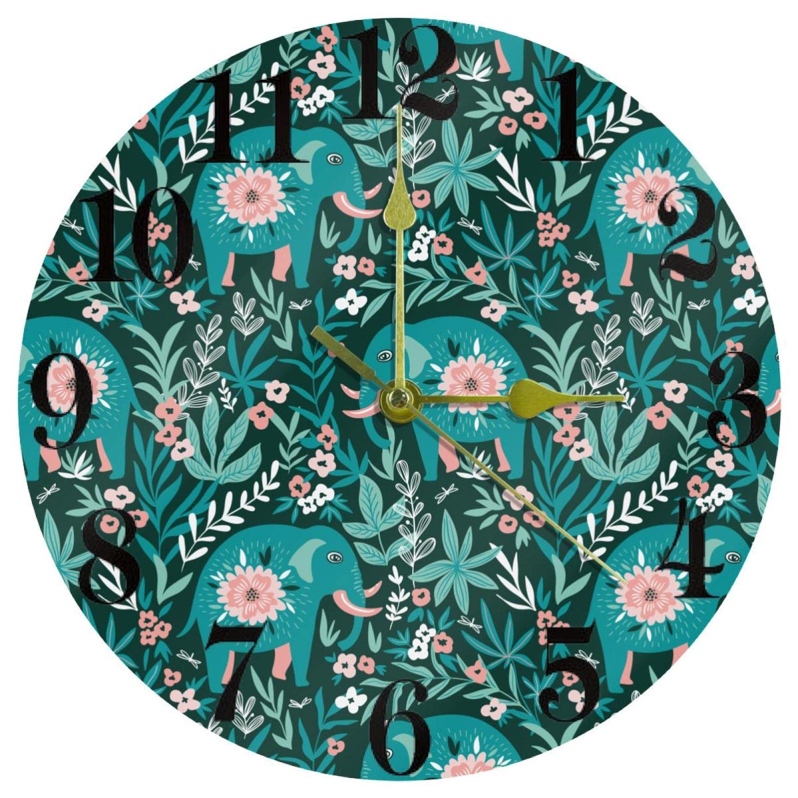 Horloge murale ronde éléphant vert 25 cm silencieuse à piles
