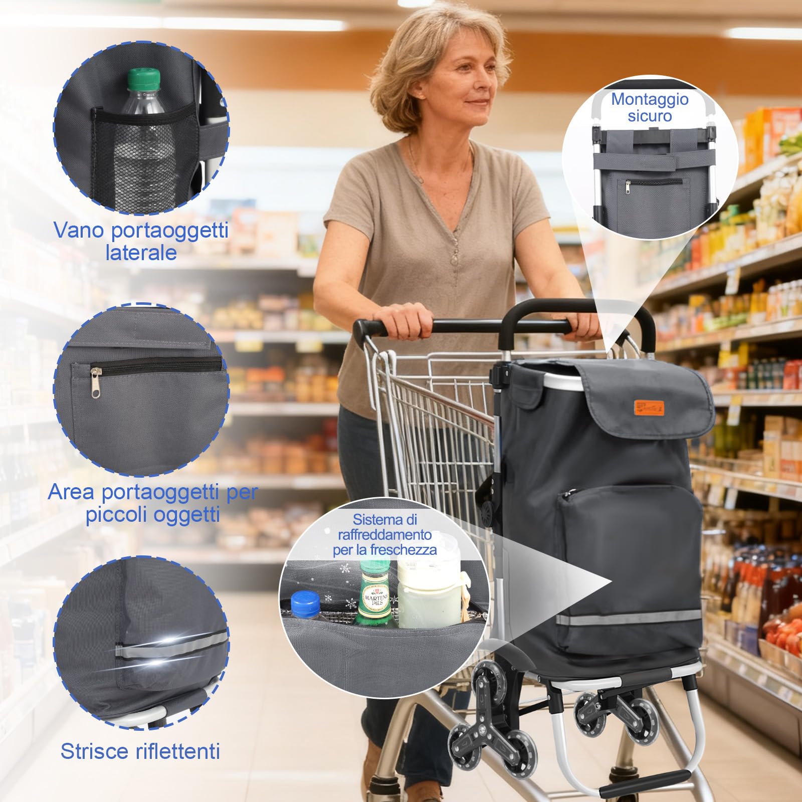 Sekey Carrello della Spesa Pieghevole con Funzione Saliscale, Carrello 3 in 1 con Borsa a Tracolla e 3 Ruote, Trolley Ideale per Anziani, Spesa e Campeggio – Grigio