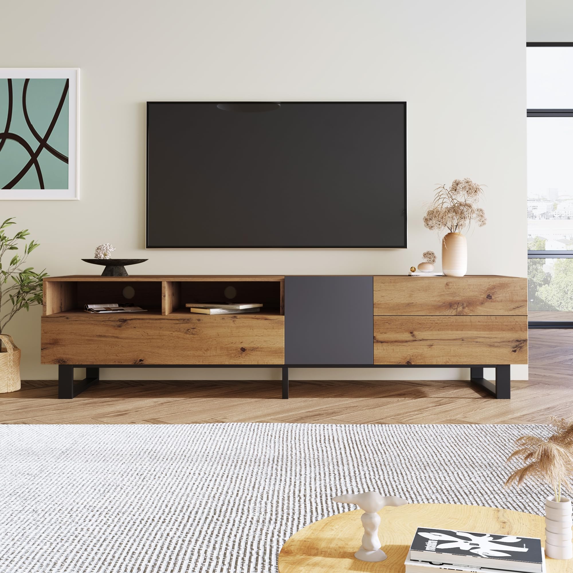 LAKFEW Mueble TV 180 cm de hasta 75 Pulgadas, Mueble para TV Muebles de Salon con 2 Puertas y 2 Cajones, Mueble Television Bajo Salon con 2 Compartimentos de Almacenaje, 180x38x50 cm, Roble+Antracita