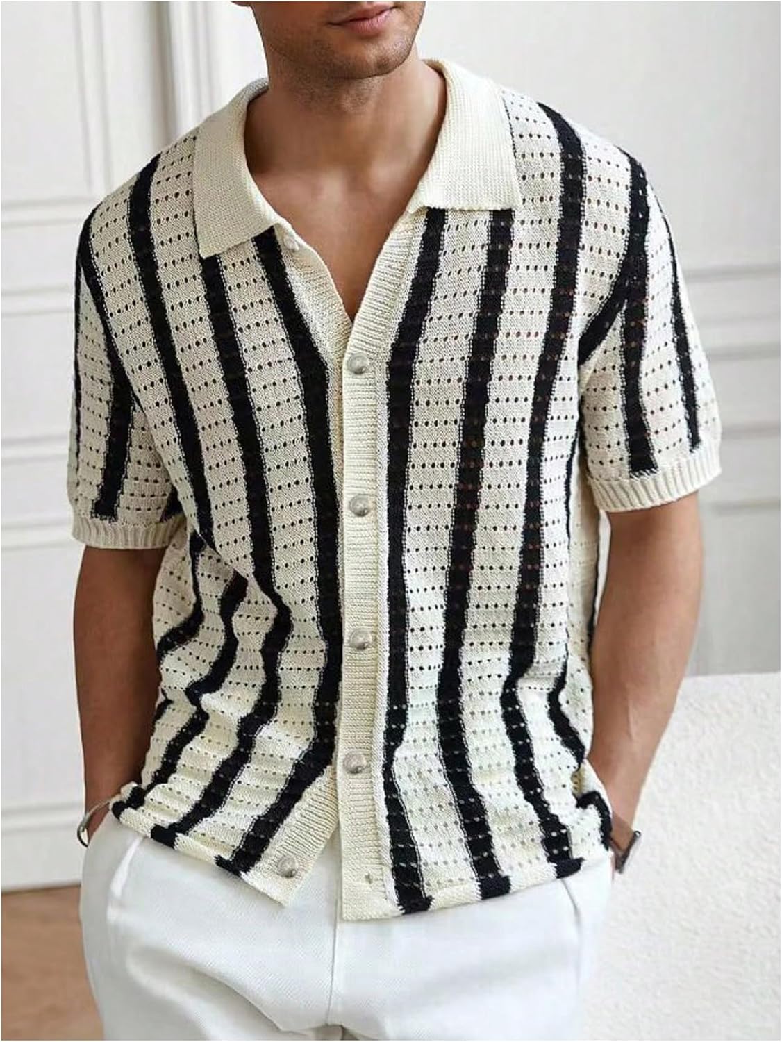 WDIRARA Men's Big and Tall Striped Crochet Button Down Shirt Half Sleeve Collared Knit Tops - Image 5