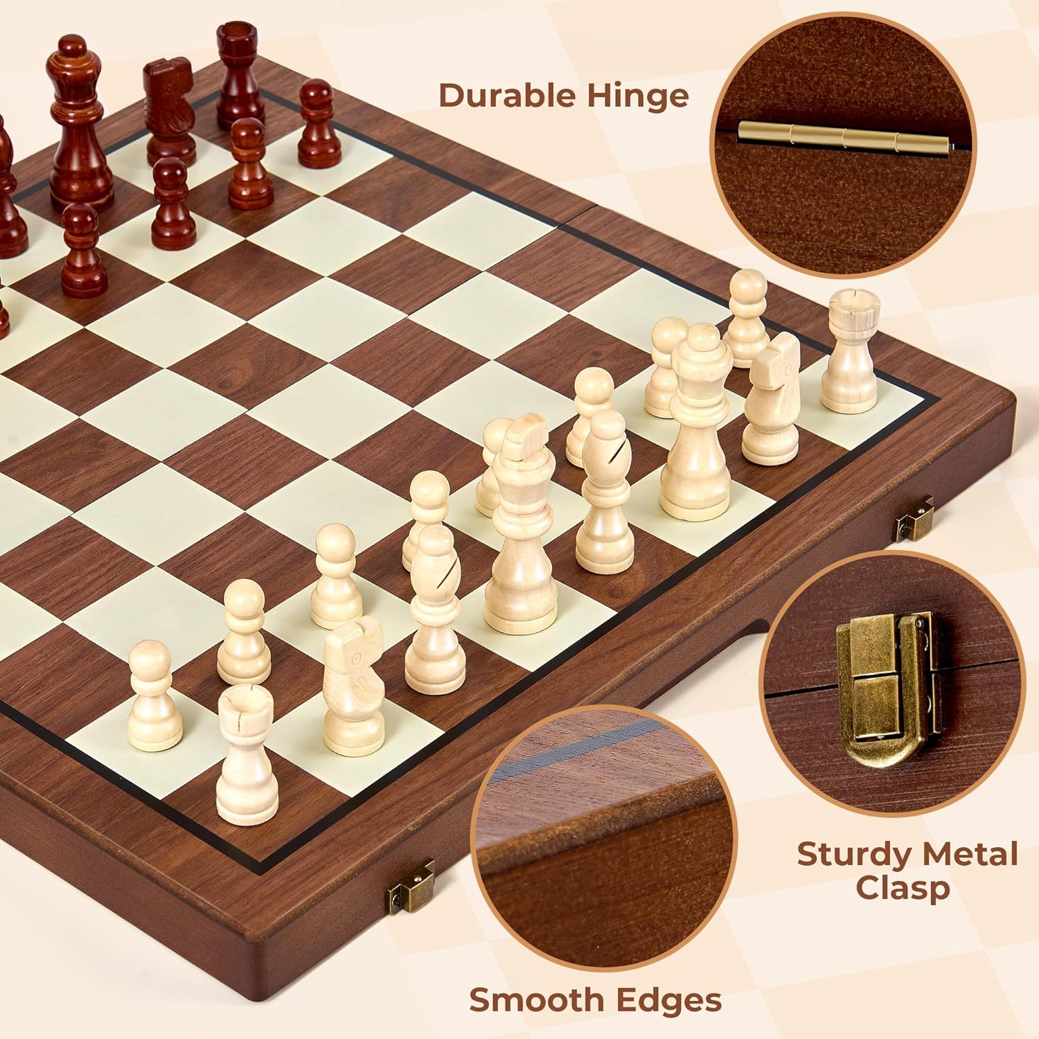 MerryPony 2 in 1 Wooden Chess and Checkers Set Magnetic – 15 inch Folding Board Game with Strong Magnetic Chess Pieces with 2 Extra Queens, Portable Travel Beginner Chess Game Set for Adults, Family