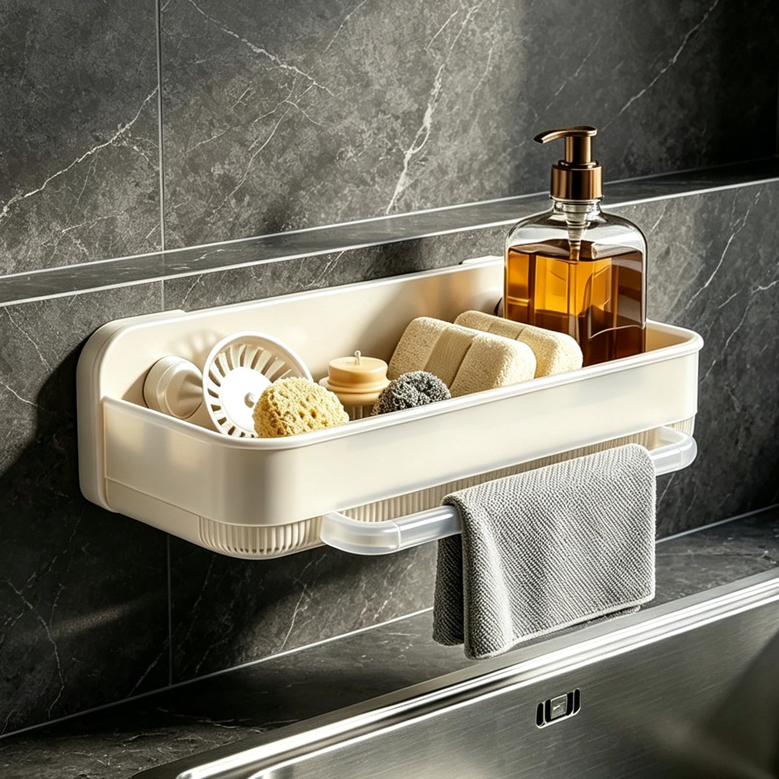 GYJZZW Sponge Holder for Kitchen Sink, Sink Caddy with Suction Cups, Rustproof Organizers and Storage for Kitchen Bathroom Counter Balcony, Utensil Holder for Sponge, Soap, Brush (Cream)