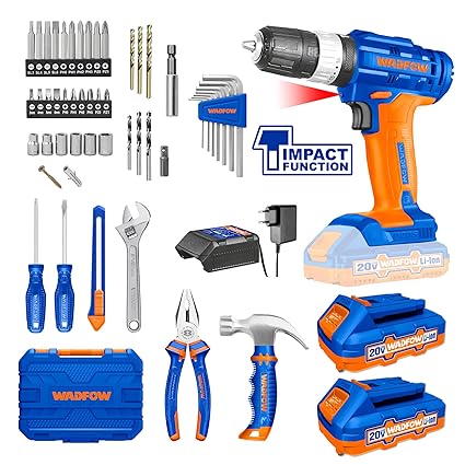 WADFOW Cordless Impact Drill Driver, 20V 10mm Chuck Variable Speed, with 87 Pcs Multitool Kit 2 Batteries 1 Charger, 91Pcs Tool Kit with Cordless Drill Machine Packed by BMC