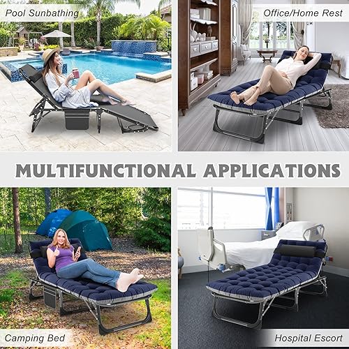 Miniatura 4 de ABORON Catres de campamento de 5 posiciones para adultos, catre de dormir plegable al aire libre, tumbona plegable con almohada, silla reclinable