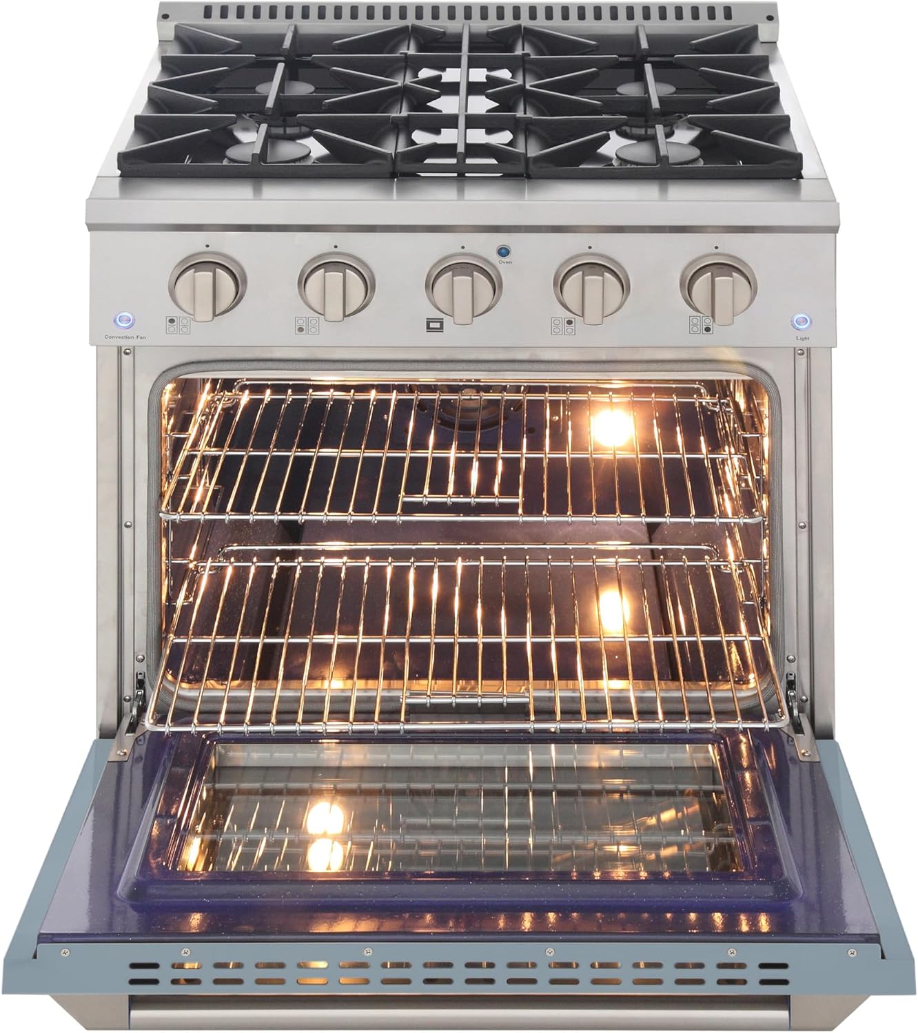 KUCHT Professional 30 in. 4.2 cu. ft. Dual Fuel Range for Natural Gas with Sealed Burners and Convection Oven in Stainless Steel with Light Blue Oven Door