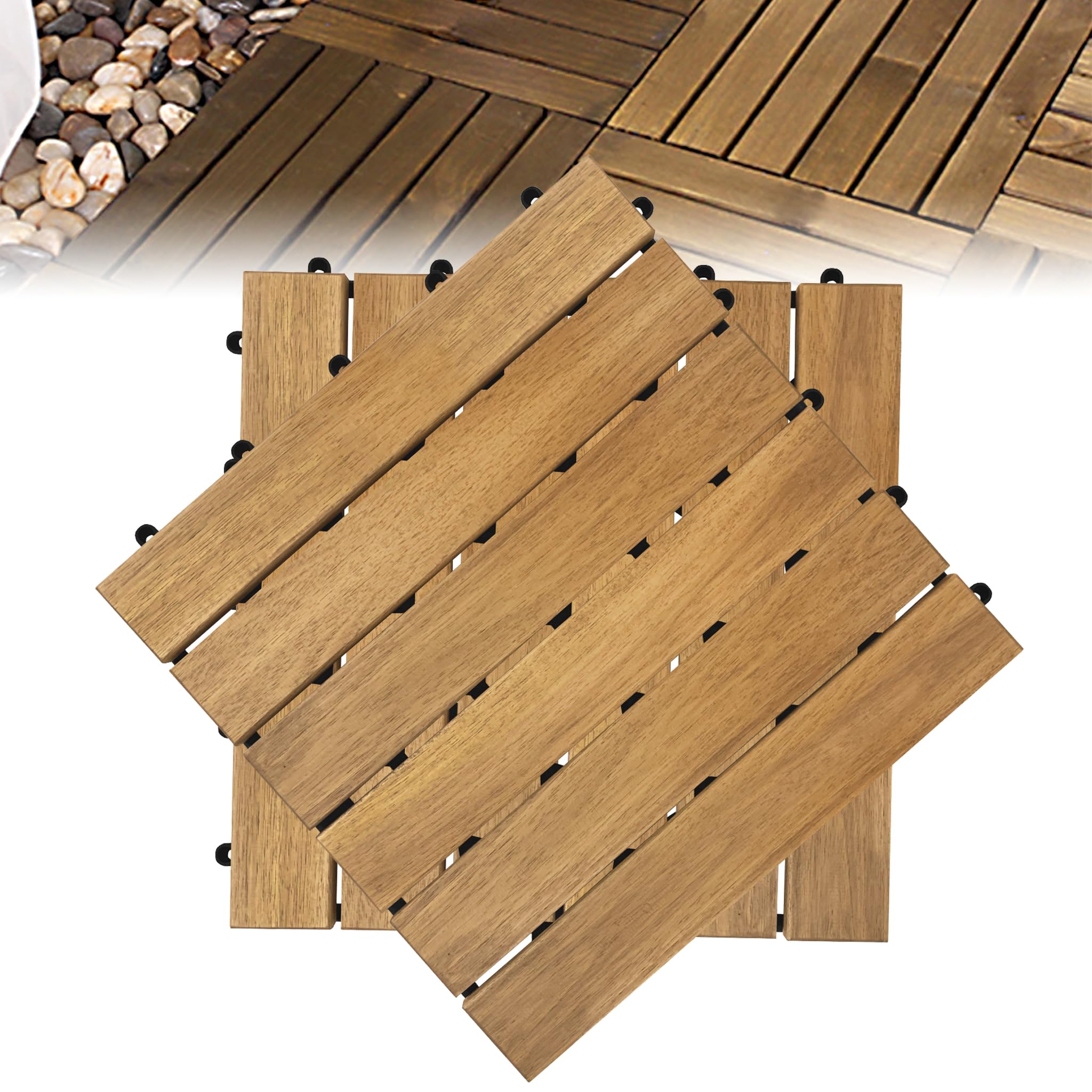 Holzfliesen Akazienholz 30x30 cm Klickfliesen, Terrassenfliesen als Balkon Bodenbelag, wetterfeste Terrassendielen mit Drainage & Klicksystem für Balkon, Terrasse, Garten & Pool Modell A-4m²
