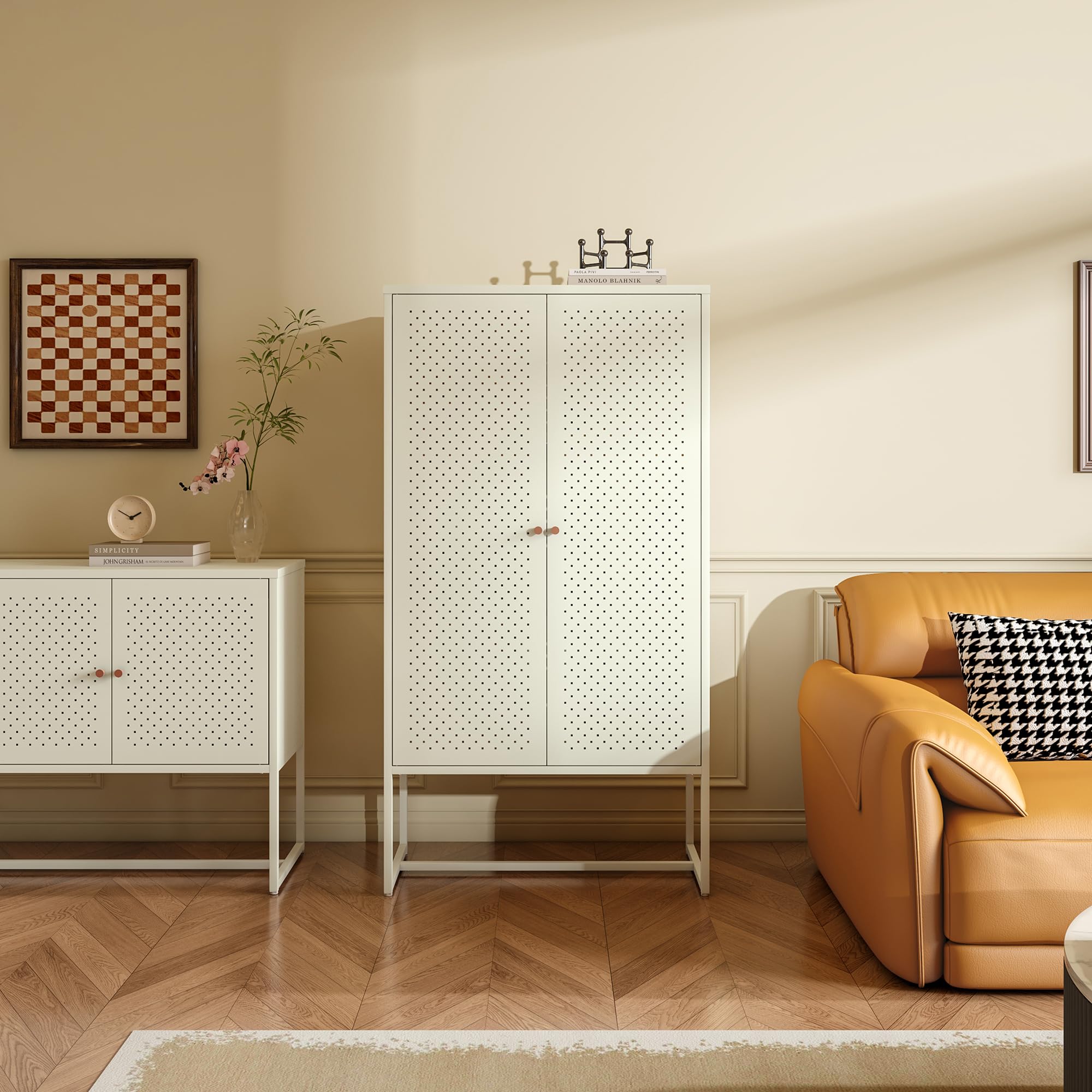 [en.casa] Wohnzimmerschrank Viitasaari Highboard mit 2 Türen Metallschrank aus Stahl 3 Fächer Büroschrank 150 x 80 x 40 cm Aufbewahrungsschrank Cremeweiß