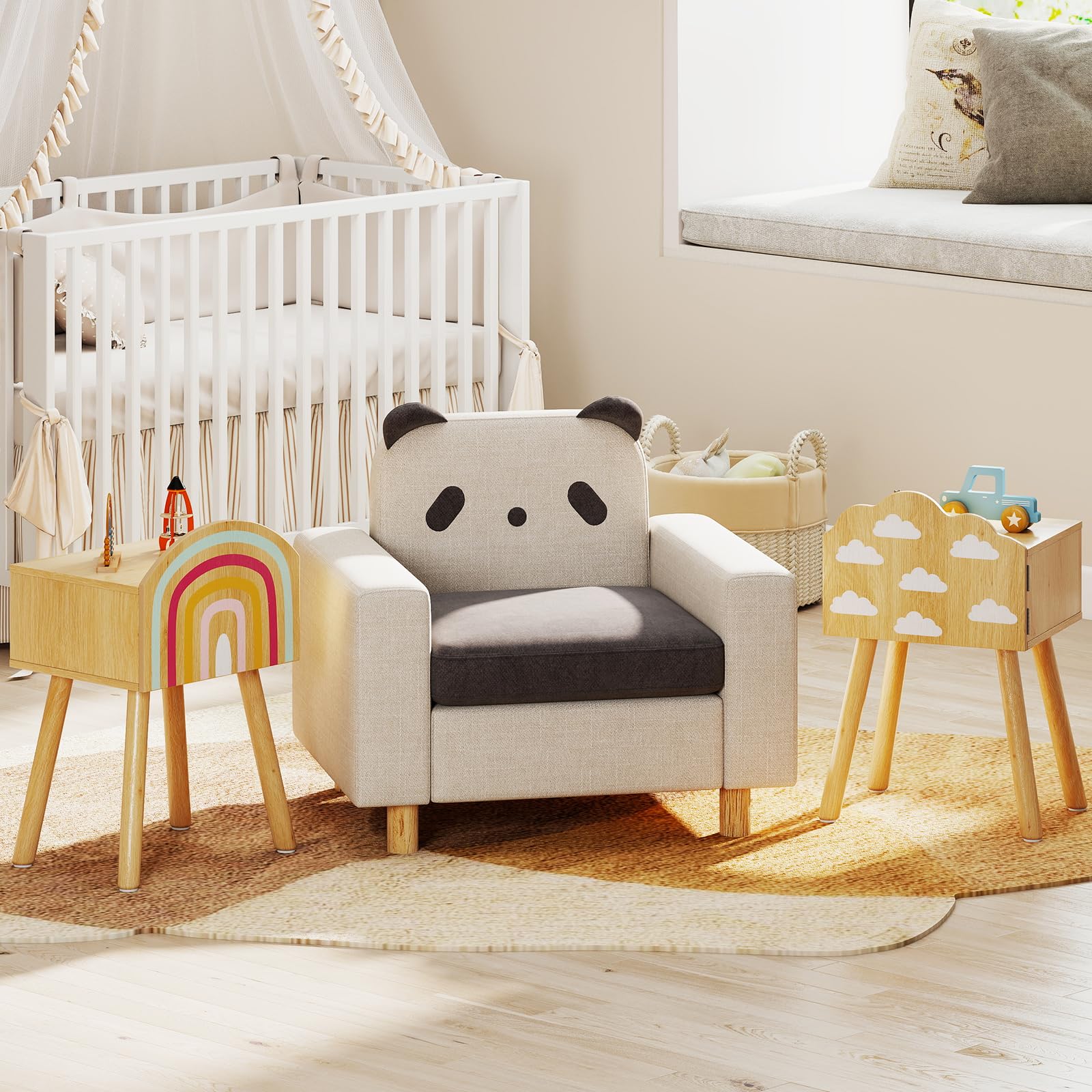 COSTWAY Lot de 2 Table de Chevet Enfant avec Motif Arc-en-Ciel et Nuage, Table de Nuit Enfant Fille avec Portes & Pieds en Bois Massif & Dispositif Anti-basculement, 34x30x54 cm, Naturel