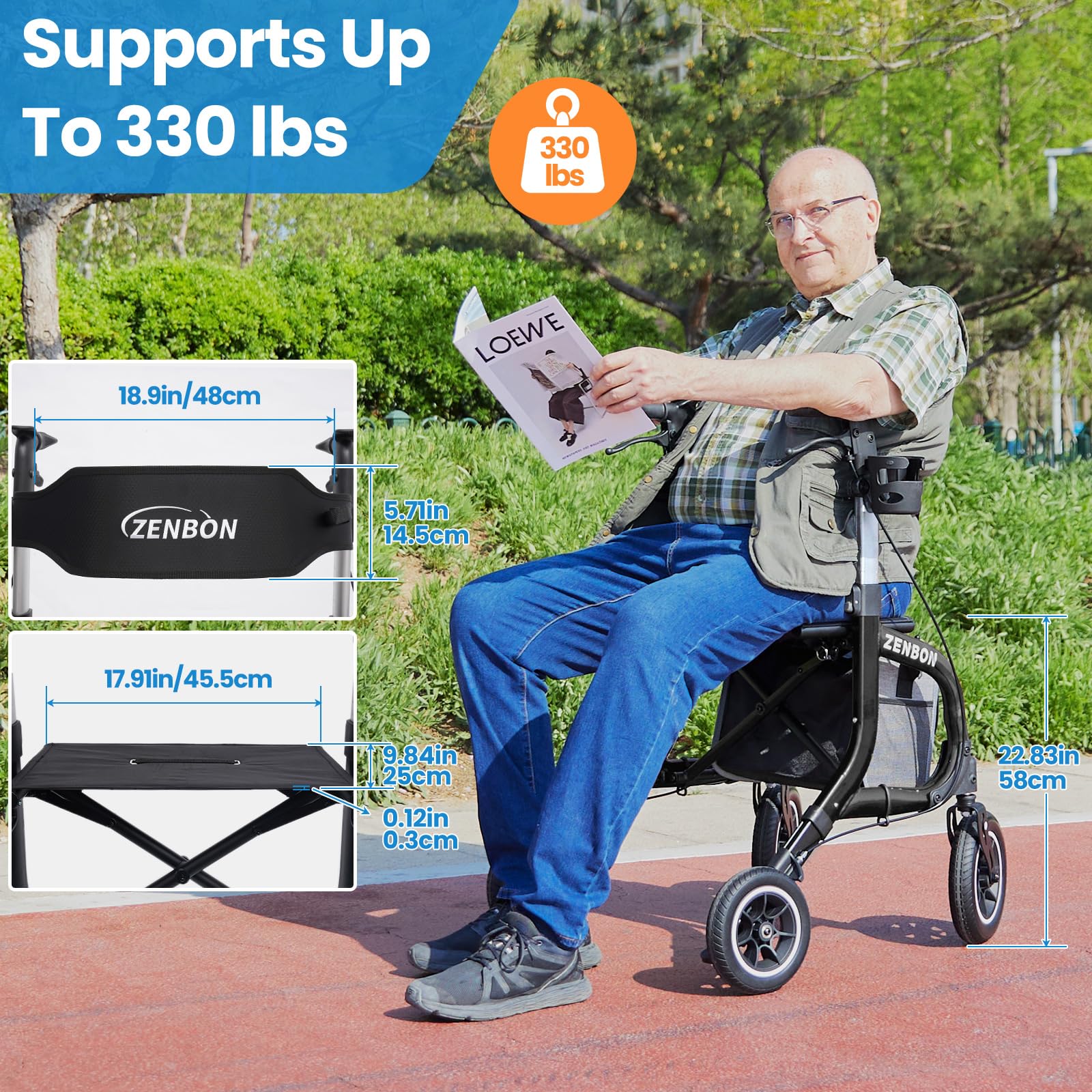Andador Plegable de Aluminio con Asiento: Andador para Ancianos Adultos Ligero y Plegable de Viaje Altura Ajustable con Soporte para Bastón y Bolsa de Compra Extraíble (Negro)