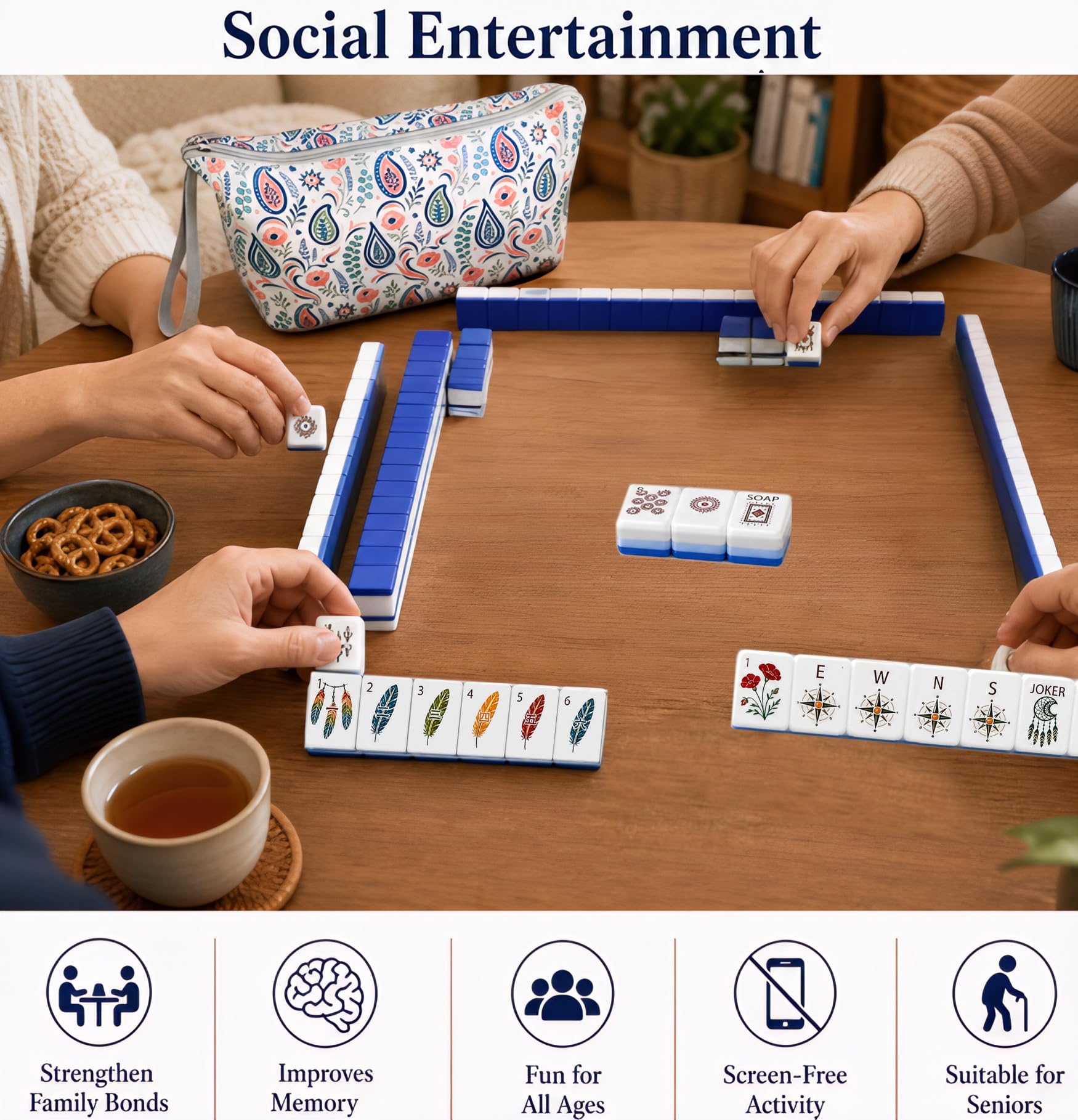 American Mahjong - Set di 160 piastrelle Mahjong in acrilico a 4 strati | Piastrelle da viaggio in stile mahjong, 3 cm, antigraffio, trasparenti, motivo bohémien, per giochi di famiglia e feste