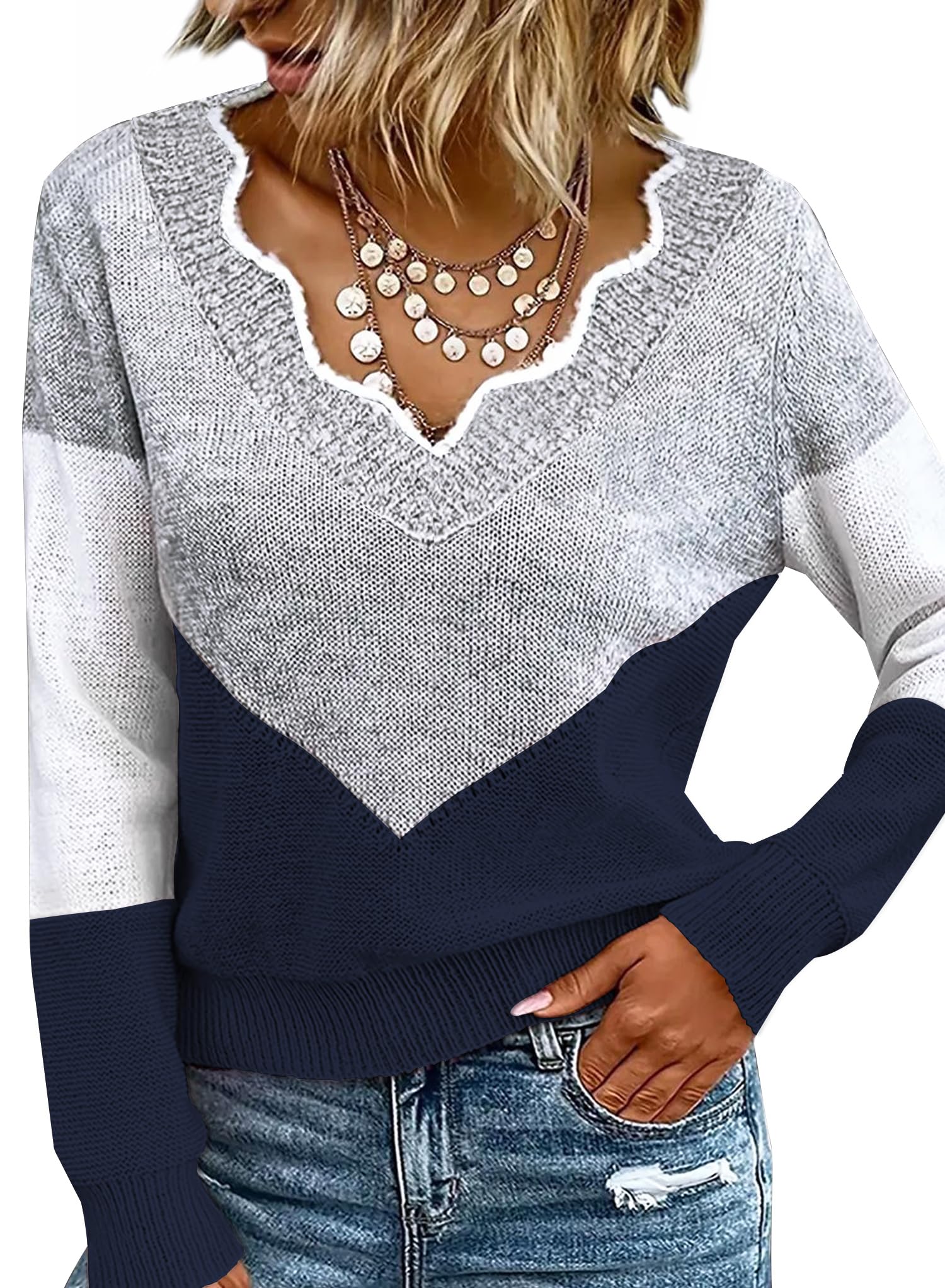 Ranphee Patchwork Pullover Damen Herbst Elegant 2025 Strick Kuschelpullover Pulli Strickpullover