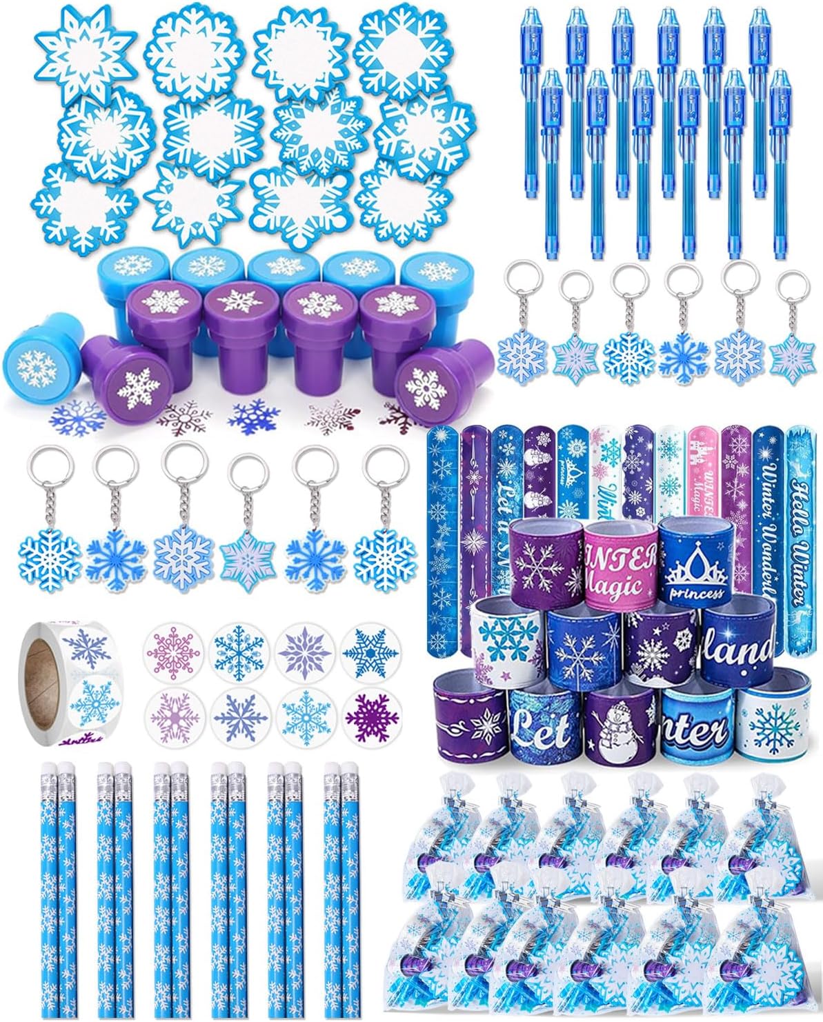 Frozen party favors, 24 Sets of Goodie bags for kids, with Stamps for kids, Slap Bracelets, Keychains, Pencils, Highlighters, Sticky Notes, 500 Stickers & Gift Bags, Frozen birthday party decorations