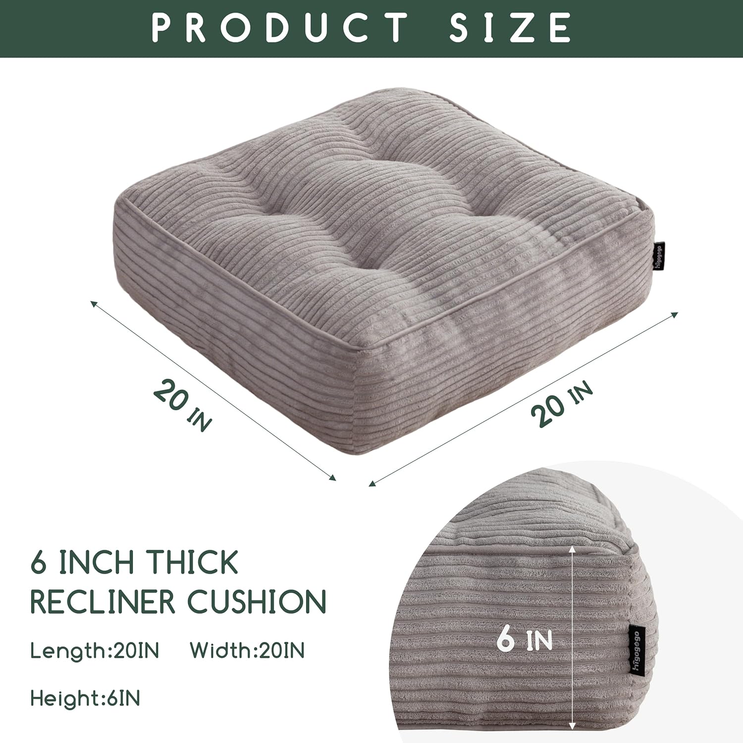 HIGOGOGO Tufted Corduroy Recliner Seat Cushion for Elderly, 20x20x6 Inch Extra Large Square Seat Cushion for Recliner Chair, Floor Pillow, Office Chair, Car, No Pressure on Thighs, Grey