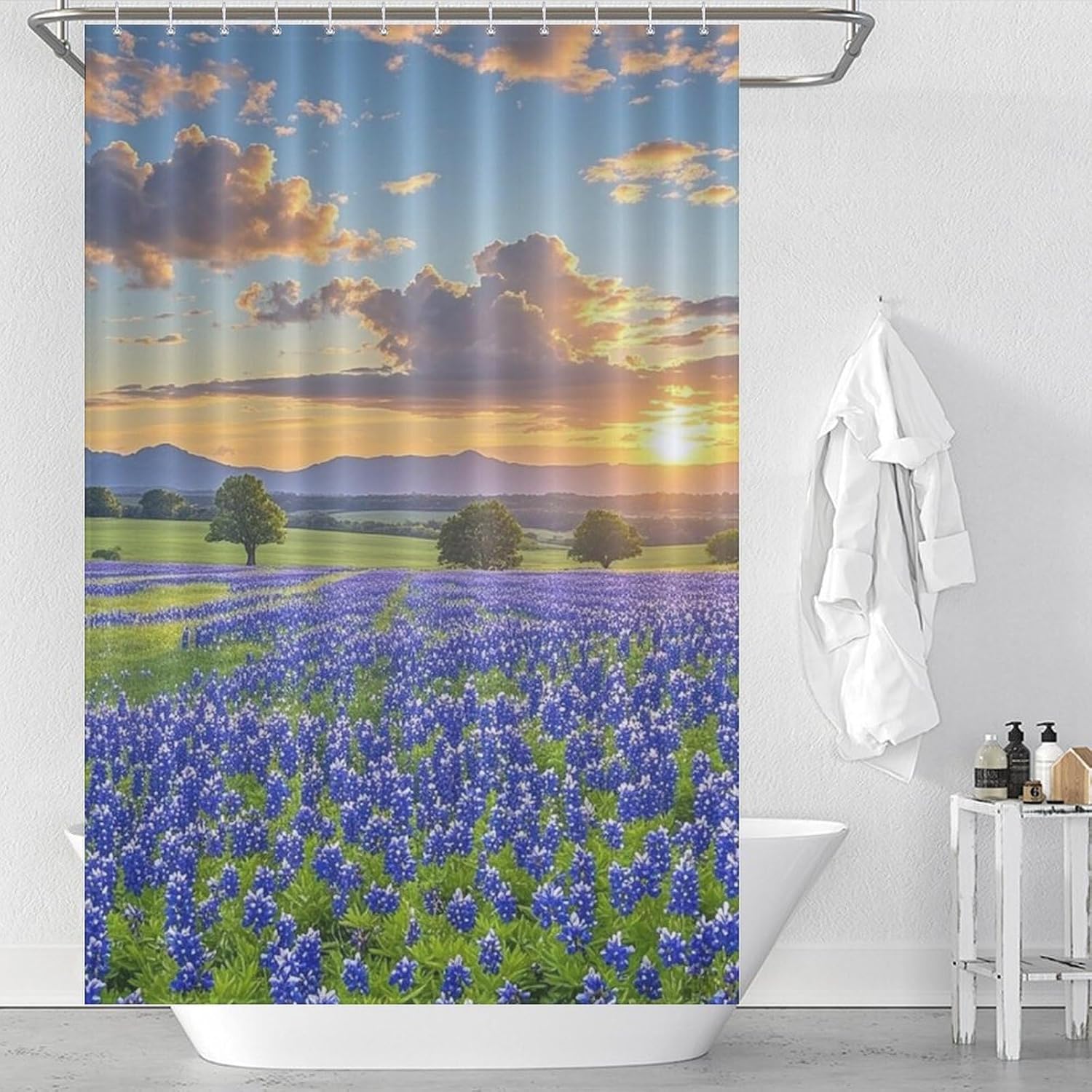 Texas Bluebonnets Scenery Shower Curtain Bathroom Curtain with Grommets & Hooks Modern Machine Washable Waterproof Fabric Bath Curtain for Bathroom Bathtub Home Decoration 48x72Inch（122x183cm）