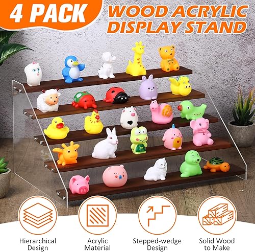 Miniatura 3 de Queekay Paquete de 4 soportes de exhibición de madera acrílica, estante de exhibición escalonado de madera, estantes organizadores de acrílico