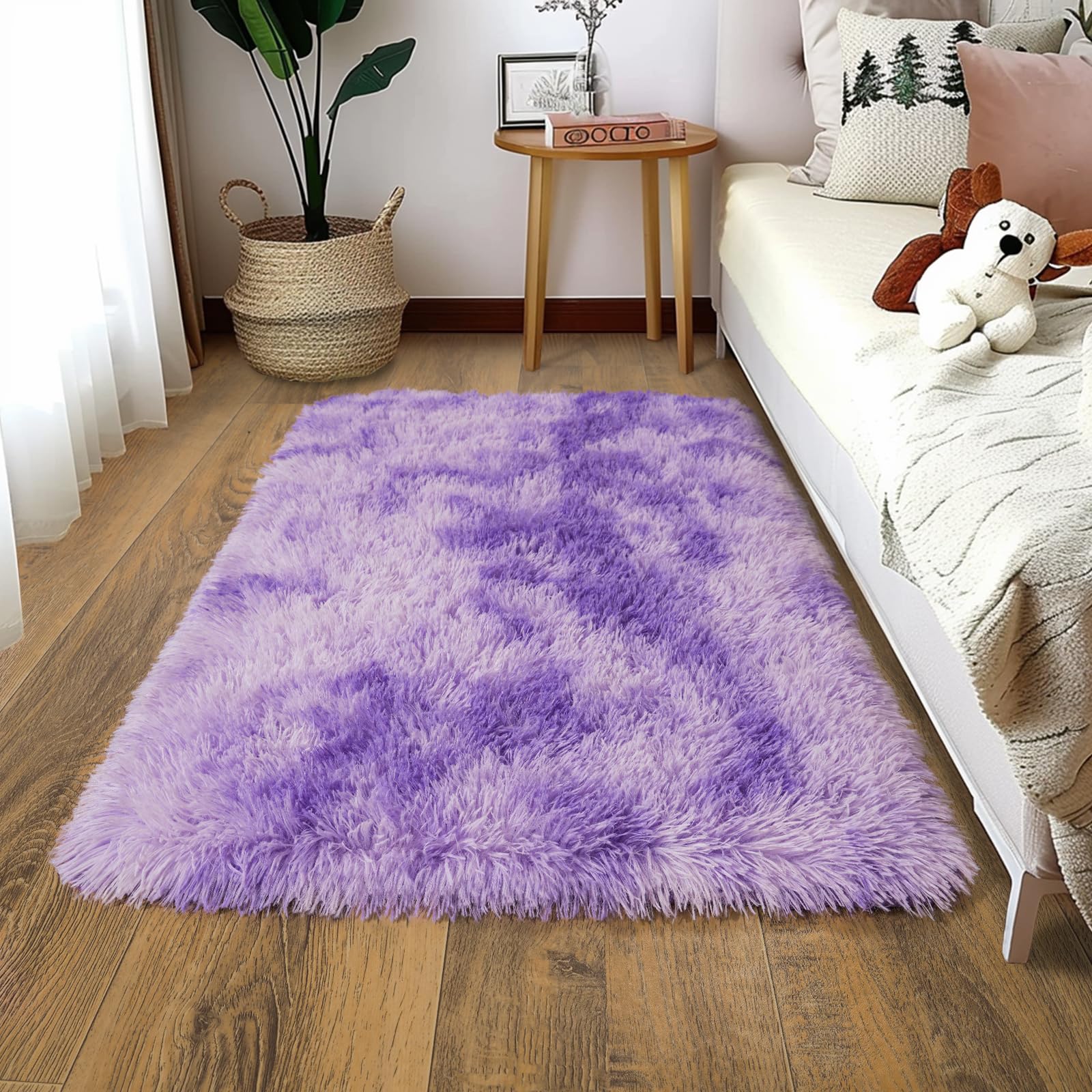 Fluffy Rugs for Bedroom Girls, 2x3 Feet Soft Modern Indoor Shaggy Area Rug, Non-Slip Fuzzy Floor Carpet, Cute Small Rectangle Plush Rug for Nursery Dorm Kids Room Decor, Tie-dye Purple โ image 1