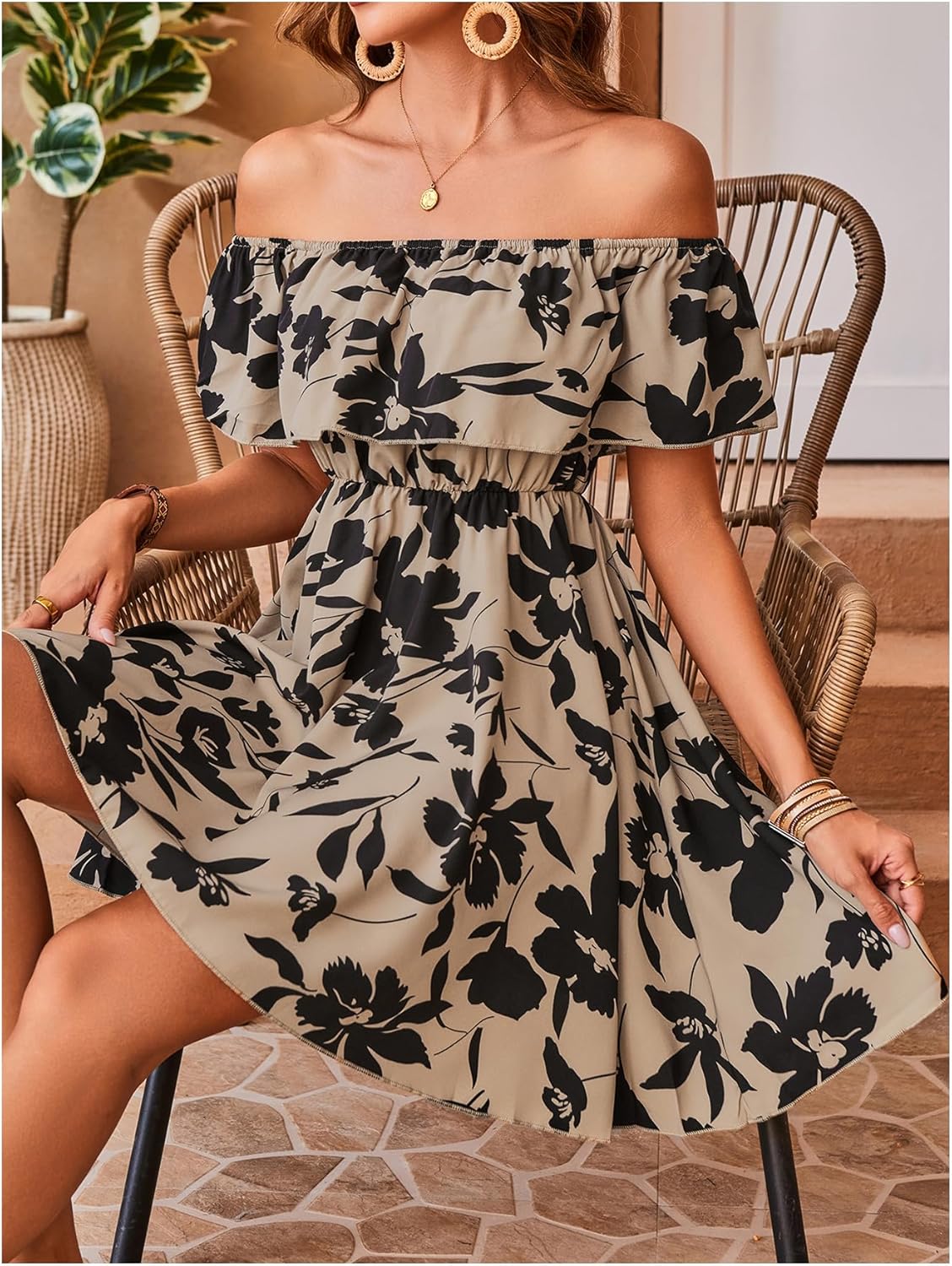 SOLY HUX Women's Off The Shoulder Floral Summer Dresses Short Sleeve Ruffle A Line Flowy Short Dress - Image 3
