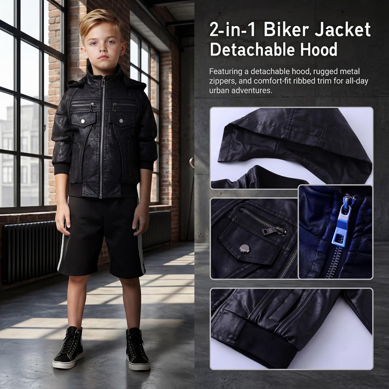 Kids Faux Leather Biker Jacket with Detachable Hood - Moto Coat for School, Zipper Closure, for Boys & Girls 4-12Y