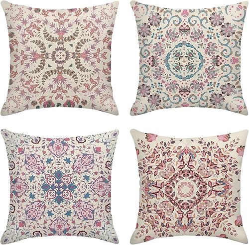 Juego de 4 fundas de almohada decorativas para decoración del hogar, diseño de cachemira floral, vintage, retro, oriental, 18 x 18 pulgadas, fundas