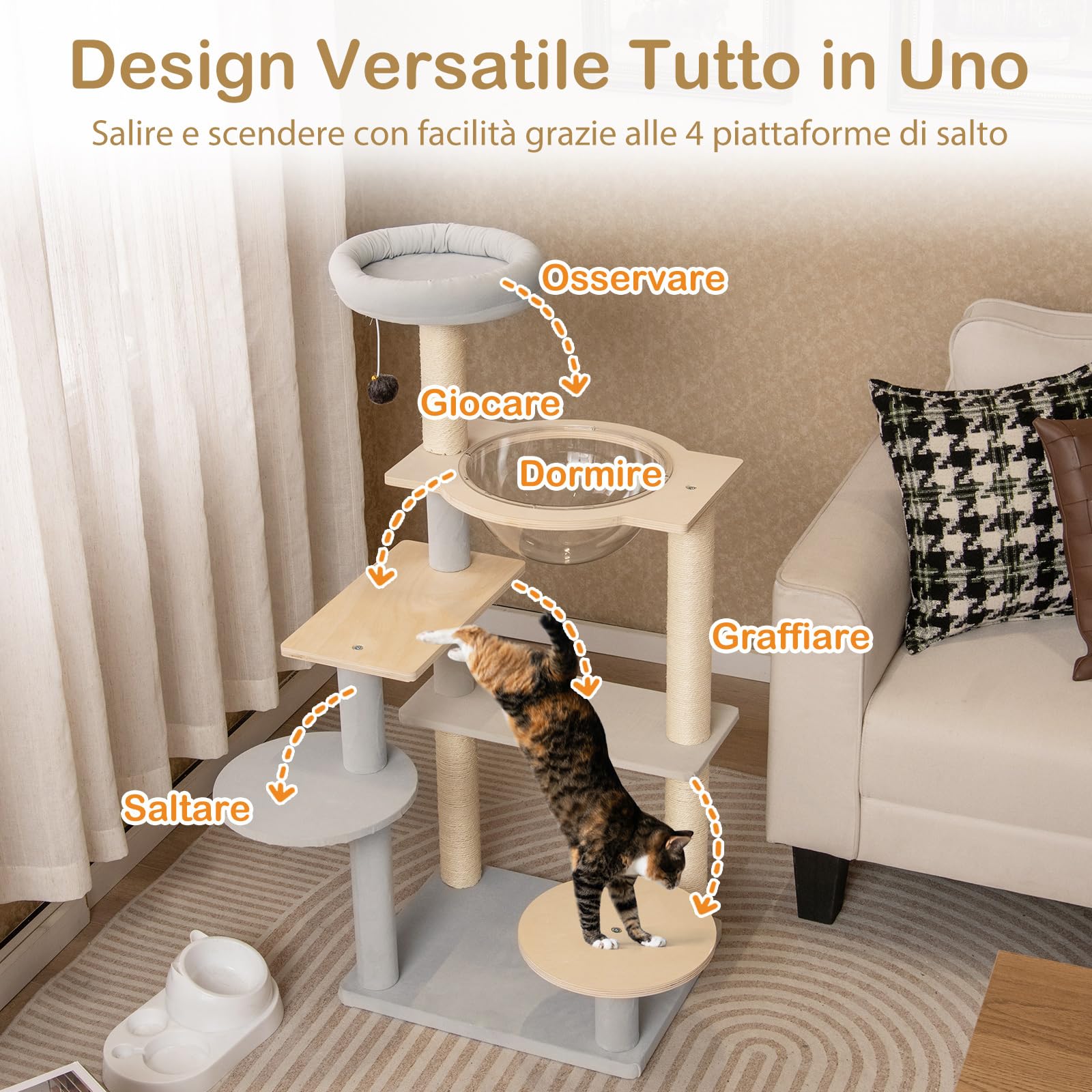 COSTWAY Tiragraffi per Gatto Alto 113 cm con Capsula Spaziale, Albero Tiragraffi Gatti con 4 Pali in Sisal, Piattaforme, Trespolo e Pompon, Torre Gatto in Legno Solido, Naturale e Grigio