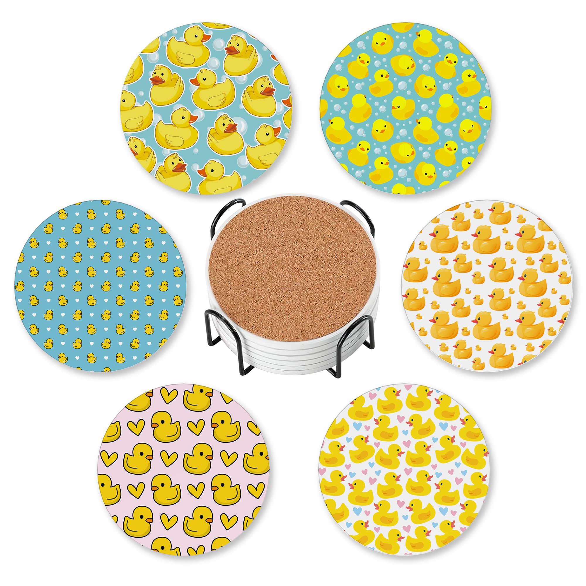 Drink Coasters for Drinks Set of 6,Cute Duck Absorbent Round Ceramic Stone Mat Coaster, with Cork Base and Metal Holder, Home Bar Decor House Warming