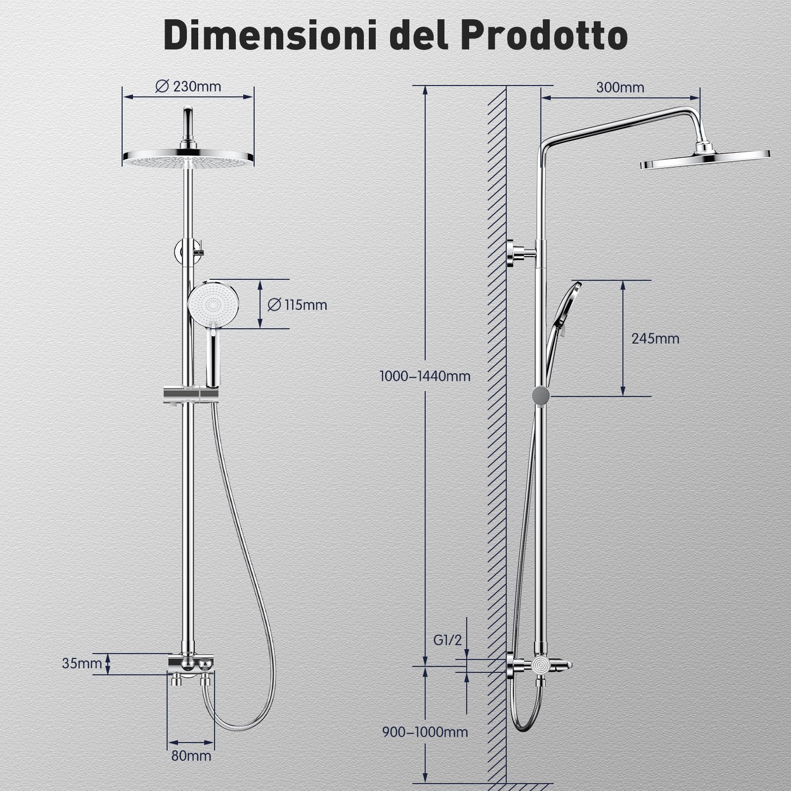 Colonna Doccia con Miscelatore, Soffione Doccia a Pioggia, Doccetta | Saliscendi Doccia, 3 Getti di Spruzzatura, Asta Doccia Regolabile 90–144 cm, Controllo Separato, Argento