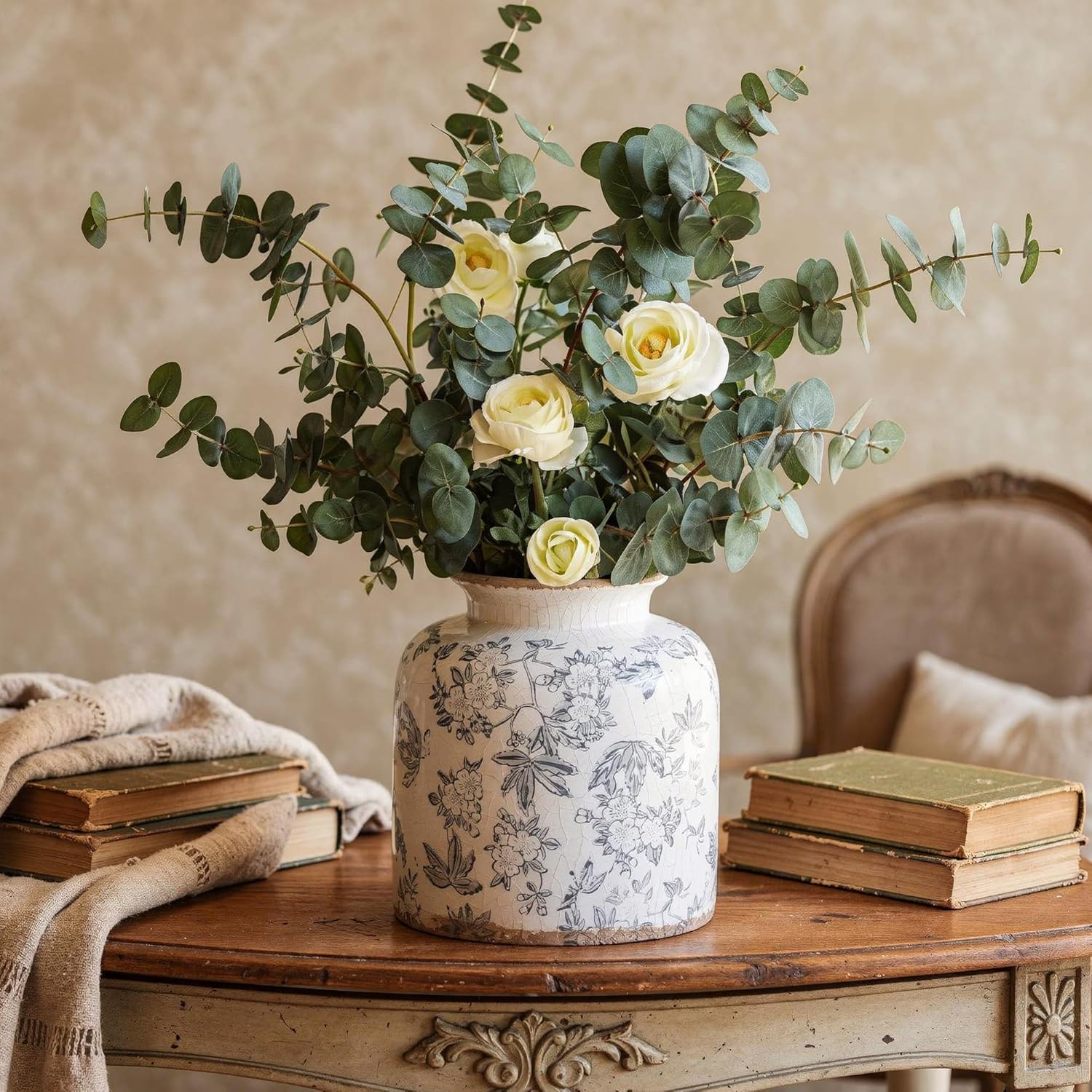 Ronasip Gray Peach Blossom Chinoiserie Vase, 6.2” Crackle Glaze Ceramic Vase, Hand-Painted Vintage Floral Vase with Distressed Rim, Antique Style Decor for Bookshelf, Tabletop (Gray, 6.2”)