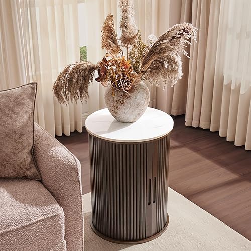 Mesa auxiliar redonda acanalada, mesa auxiliar superior de mármol sintético blanco con almacenamiento, mesita de noche moderna de mediados de siglo disponible en Yaxa Costa Rica