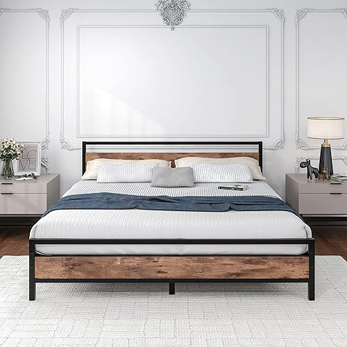 BOFENG Marco de cama negro tamaño King con cabecera de madera, plataforma de metal industrial, tamaño King con almacenamiento, no necesita somier,