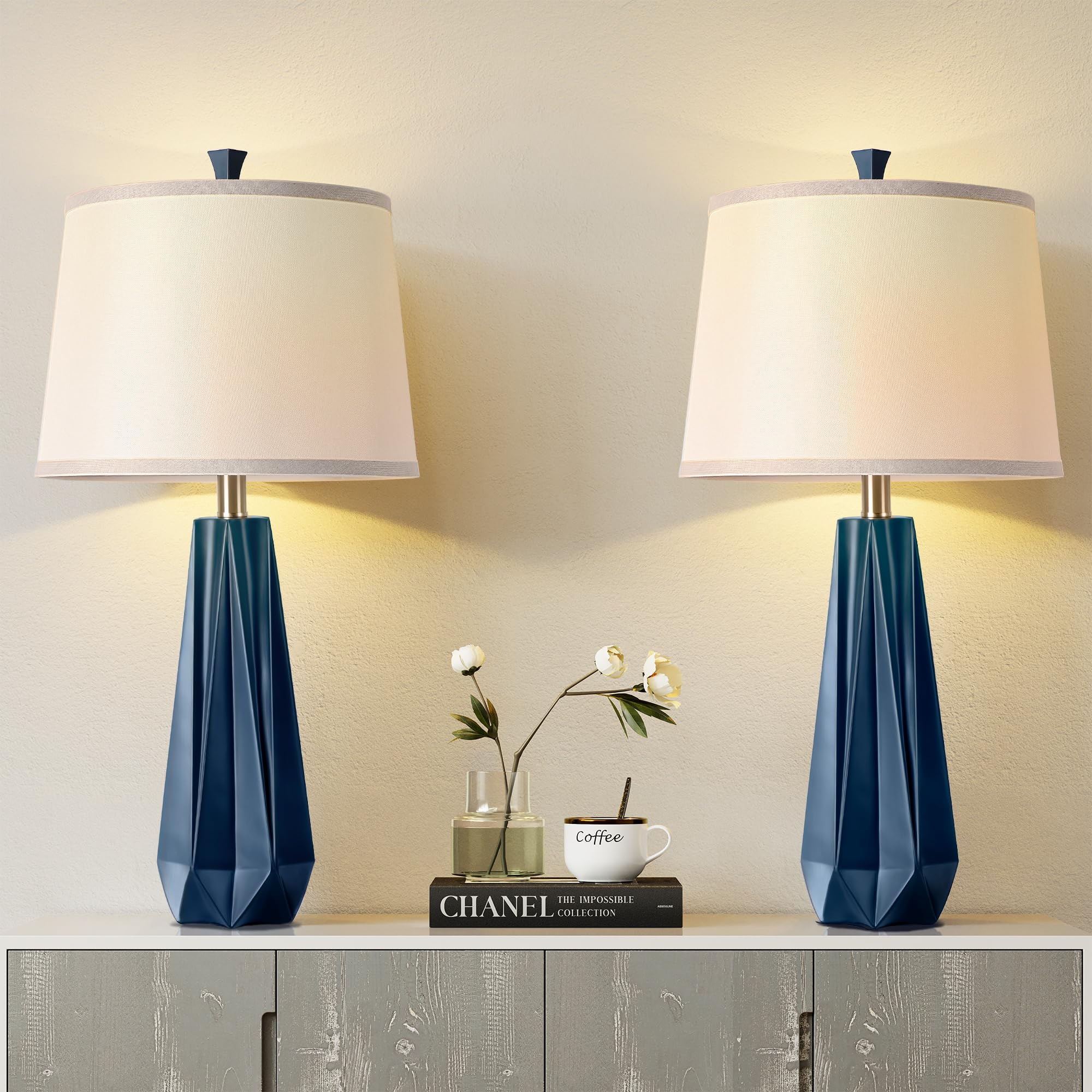 WIHTU 3 Color Temperature Table Lamps Set of 2, 27'' Navy Blue Modern Table Lamp for Living Room, Beside Lamp with Linen Shade, Resin Desk Lamp for Nightstands Bedroom Office Decor (2 Bulbs Included)
