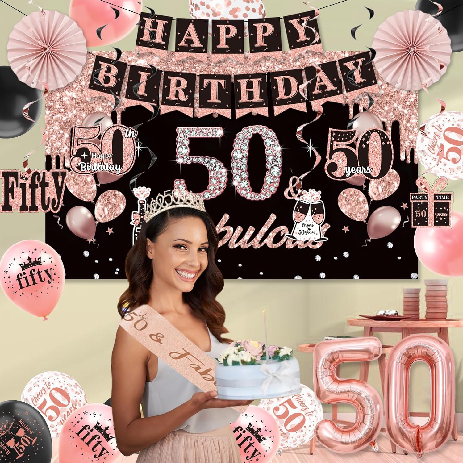50th Birthday Decorations, 43pcs 50th Birthday Decorations for Women, Black Rose Gold Party Supplies Set, 50 Years Old Crown and Sash,Backdrop, Balloon, Banner, Hanging Swirls, Paper Fans - Image 6