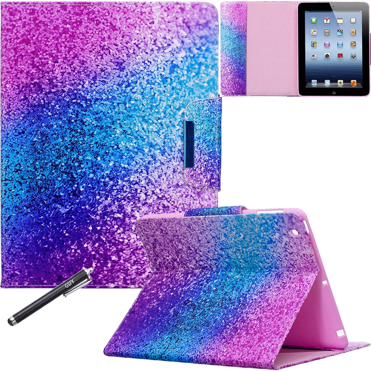 iPad 2/3/4 Case, Newshine Magnetic Folio Smart Stand Cover PU Leather Wallet Case for Apple iPad 4th Generation Retina Display & iPad 3rd Gen & iPad 2nd Gen (Auto Wake/Sleep) - Purple Blue