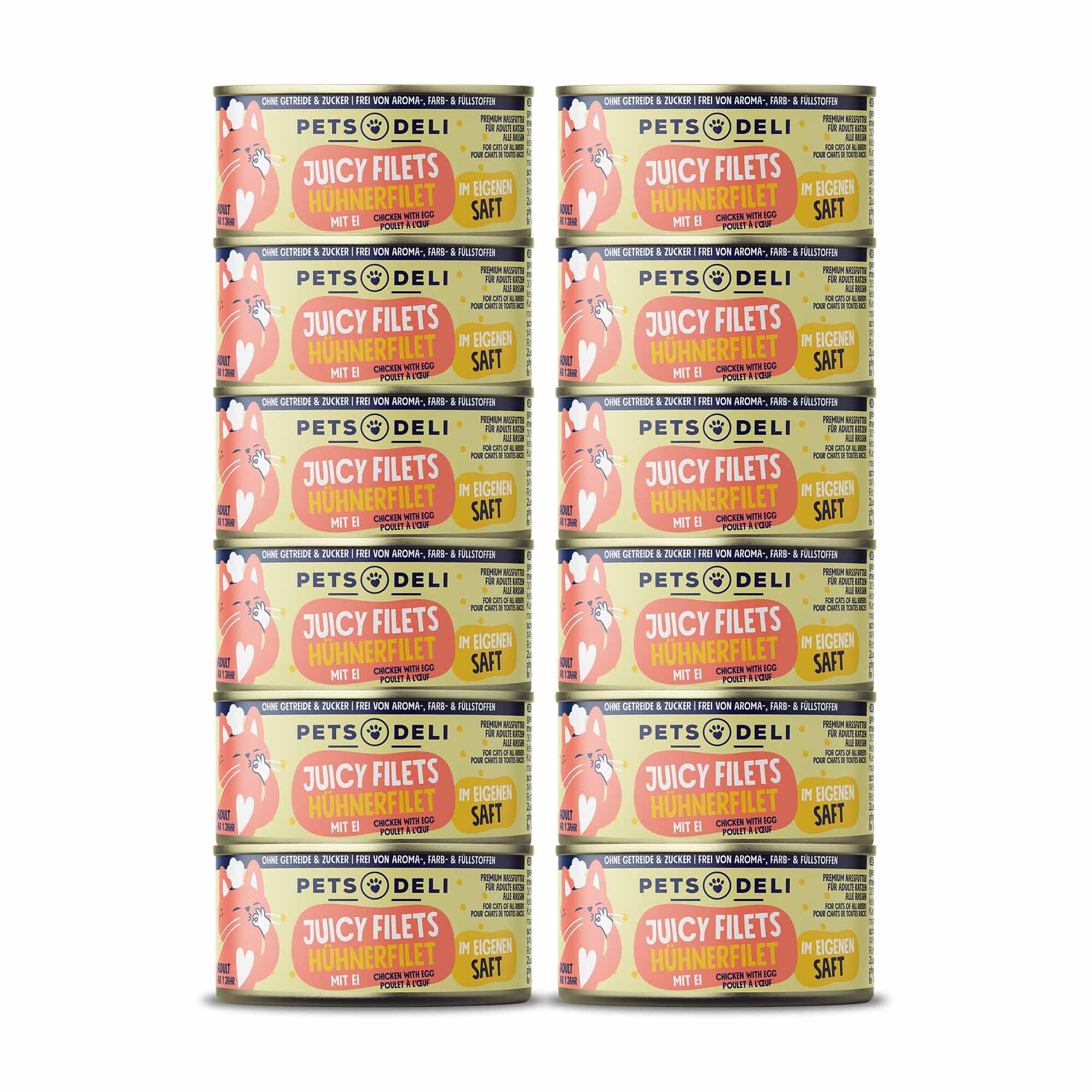 Pets Deli Juicy Filets Katzen Nassfutter Huhn & Ei, ideal für wählerische Katzen, Filet in Sauce, getreidefrei, ohne Zucker, 12x70g, Premium Qualität