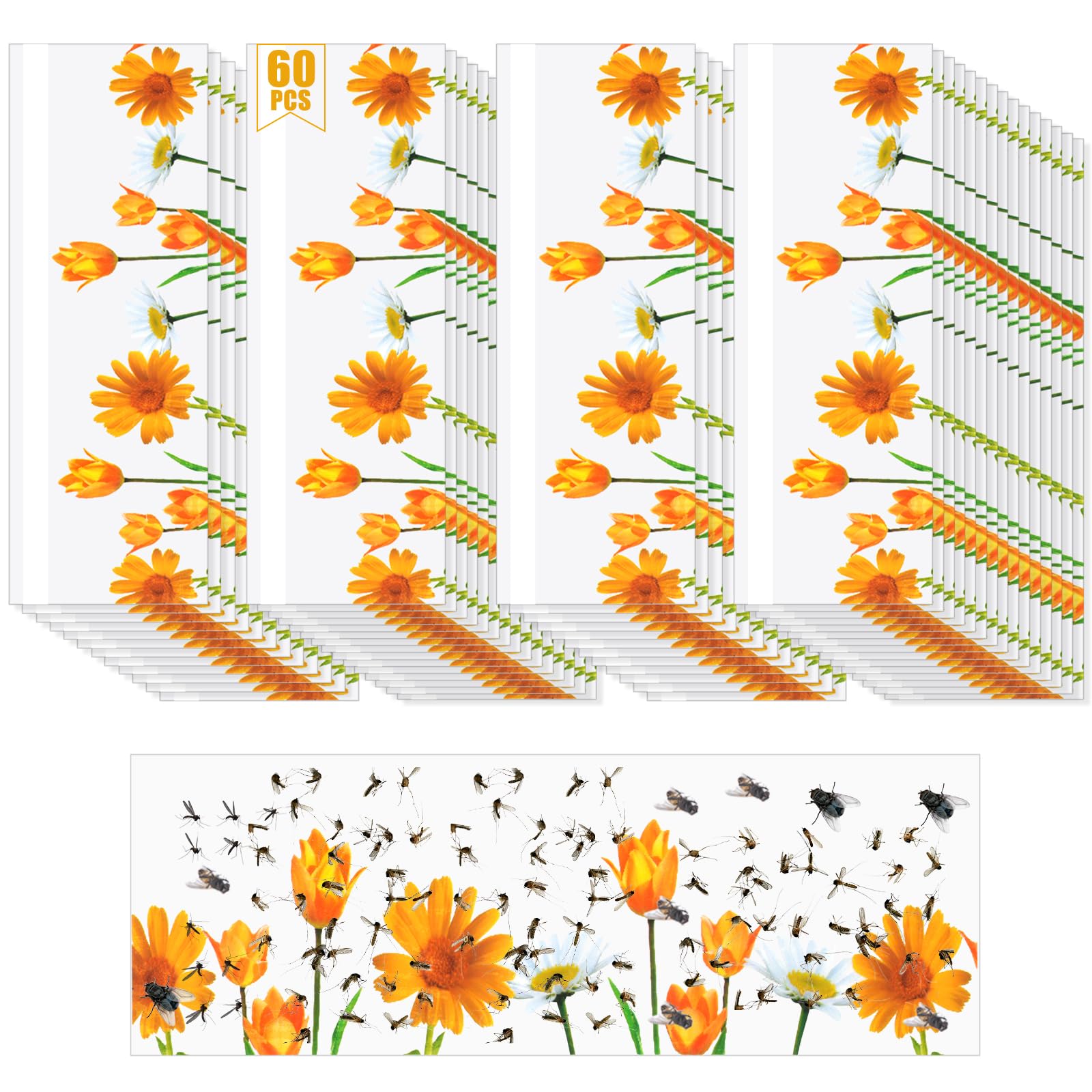 AOOWU 60PCS Window Fly Traps, Fruit Fly Traps for Indoors, Window Fly Stickers, Sticky Glue Traps Fly Paper, Flyer Catcher Floral Pattern Design, Non-Toxic Sticky Flying Catcher for Plants & Home Use
