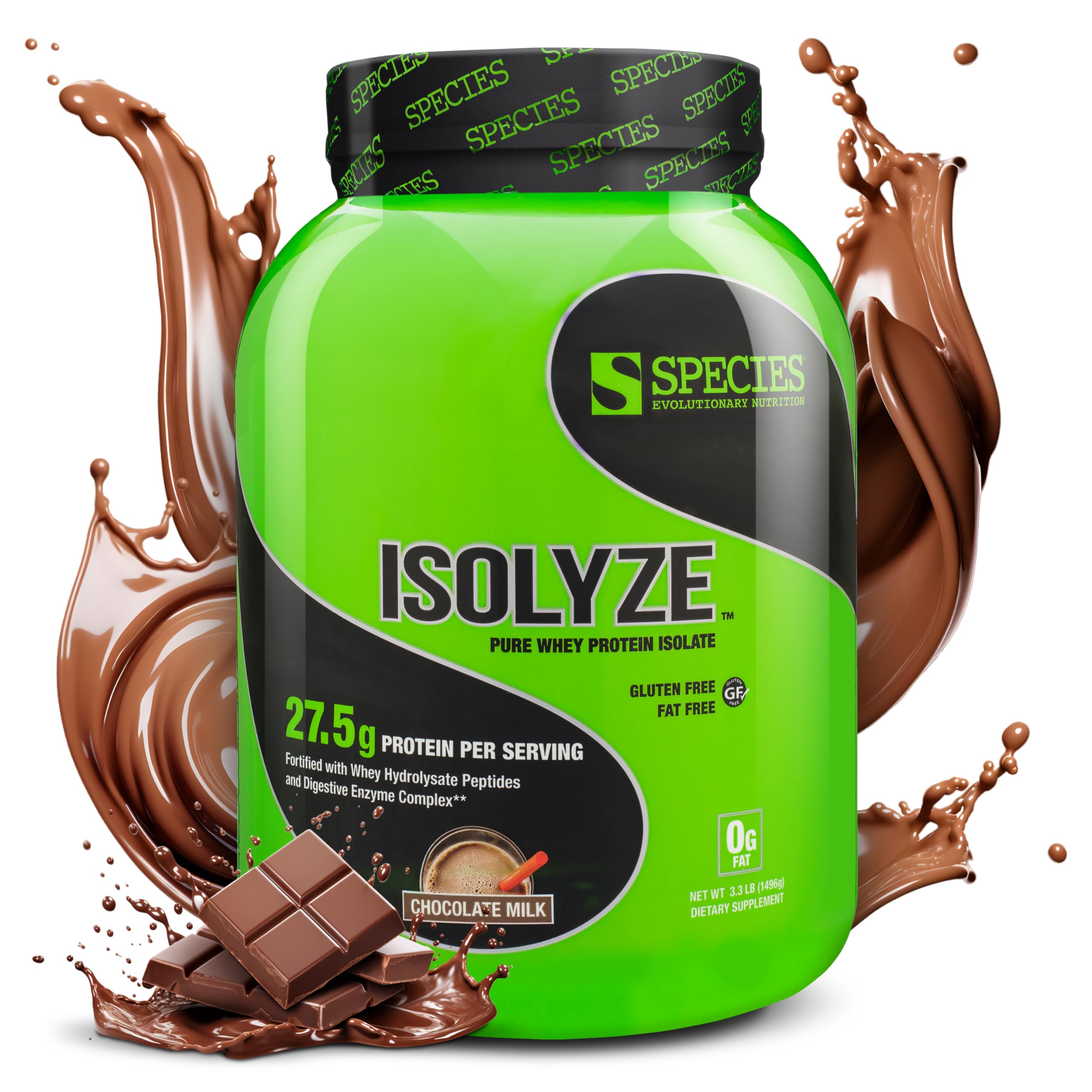 Species Nutrition Isolyze Whey Protein Powder, 100% Whey Isolate for Muscle Building, 27.5g Protein Per Scoop, No Sugar & Low Fat (Chocolate Milk, 44 Servings)