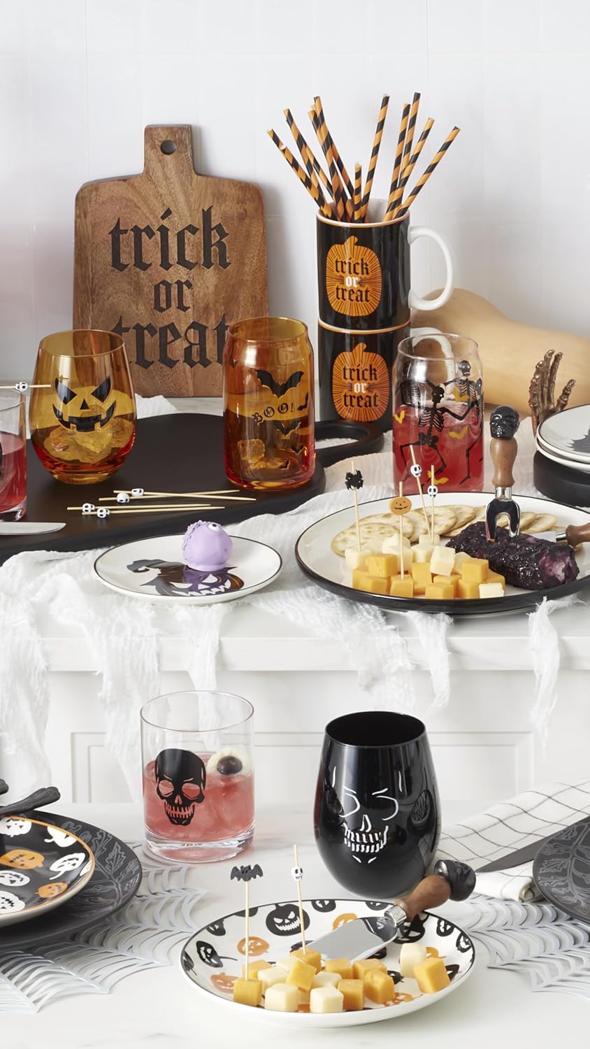 Oneida Barware, Vintro Halloween Stemless Wine Glasses, Set of 4, Dishwasher Safe, Made of Glass, Spooky Drinking Glasses Set, Halloween Decor Indoor, Skeletons and Bats as Design (4 Piece, 18 Oz) - Image 5